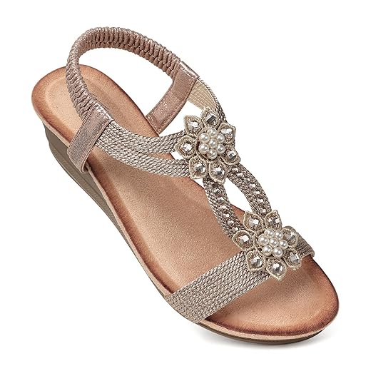 SHIBEVER Womens Wedge Sandals Flower Low Heel Dressy Sandals Elastic Ankle Strap Rhinestone Summer Comfortable Shoe