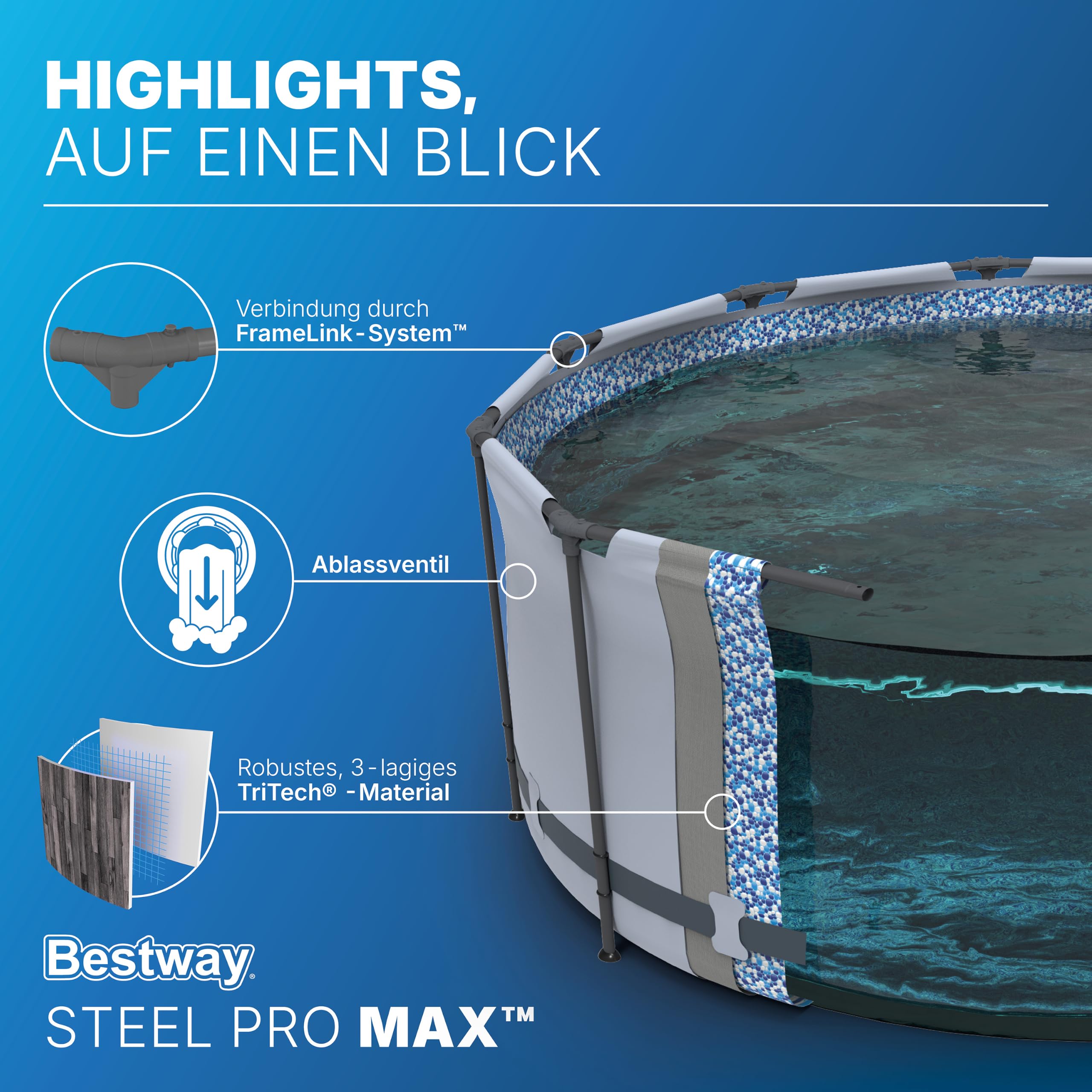 Bestway Aufstellpool rund 366x100 cm Set mit Filterpumpe Holz-Optik 9150 L TriTech-Material