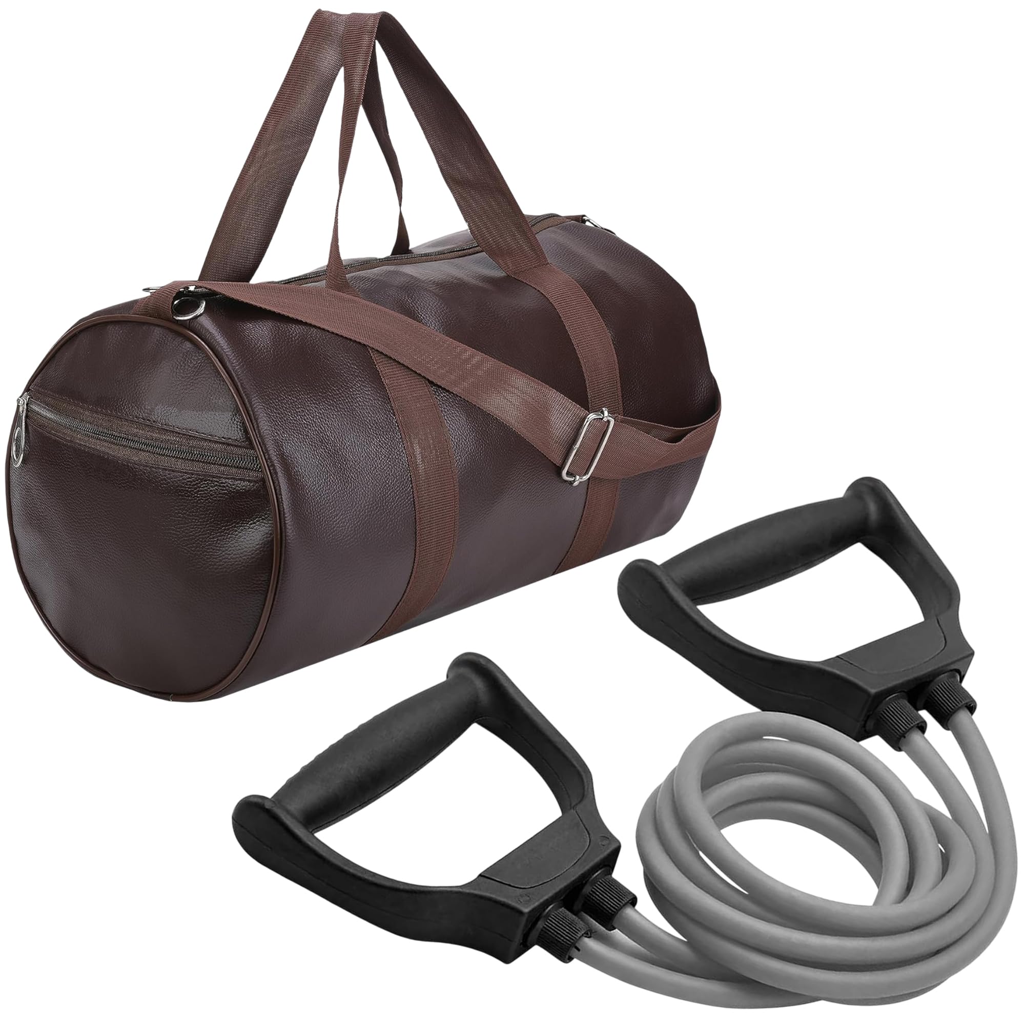 Gym Duffle Bag with Resistance Bands, Faux Leather, Adjustable Shoulder Strap,Adjustable Resistance Levels to Suit Beginners and Advanced, for Men & Women (Brown)-image-20