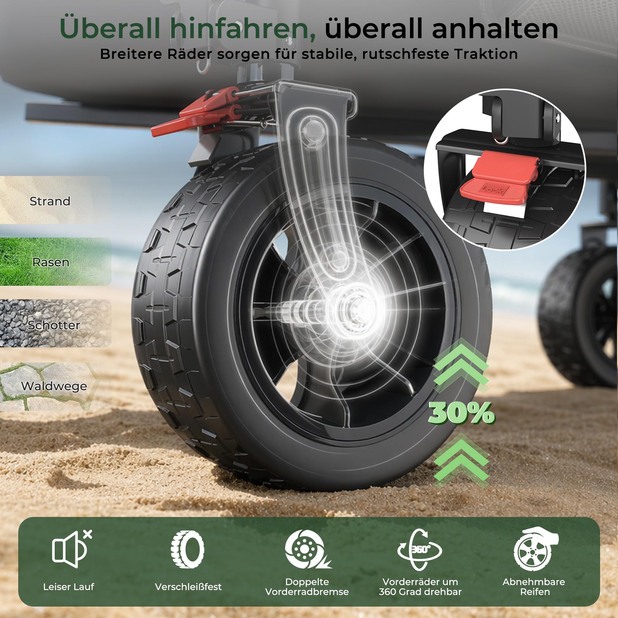 JUMMICO XXXL Faltbarer Bollerwagen 260L 200KG Tragkraft, Kapazität 17cm Ballonreifen Doppelte Feststellbremse Strand Einkauf Fest Camping Transportwagen, Grau