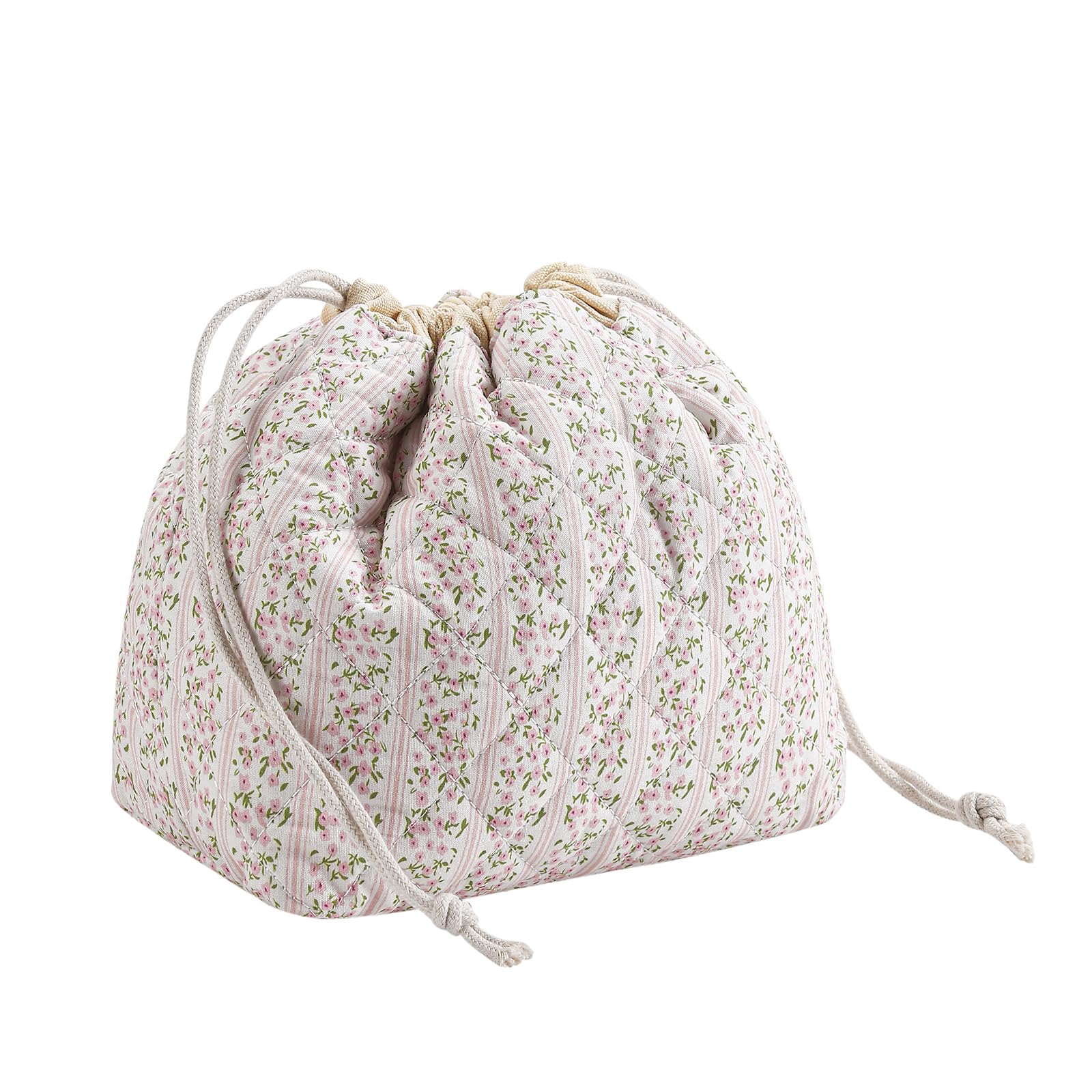 Cotton Quilted Drawstring Makeup Bag with Canvas Lining,Coquette Aesthetic Cute Travel Toiletry Bag,Drawstring Gift Bag for Women and Girls（17Small