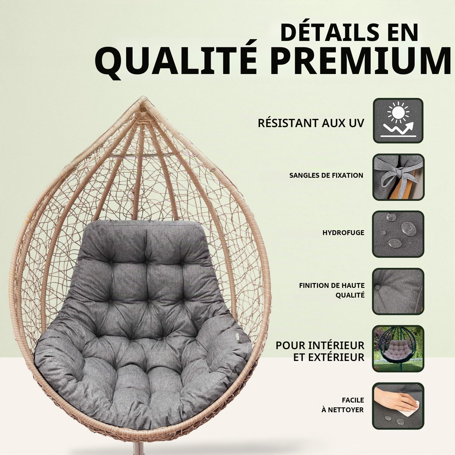 Coussin Fauteuil Suspendu 100x120 cm, Beige (Tissu écologique), Fauteuil Balancoire, Chaise Oeuf, Coussins d'extérieur/intérieur