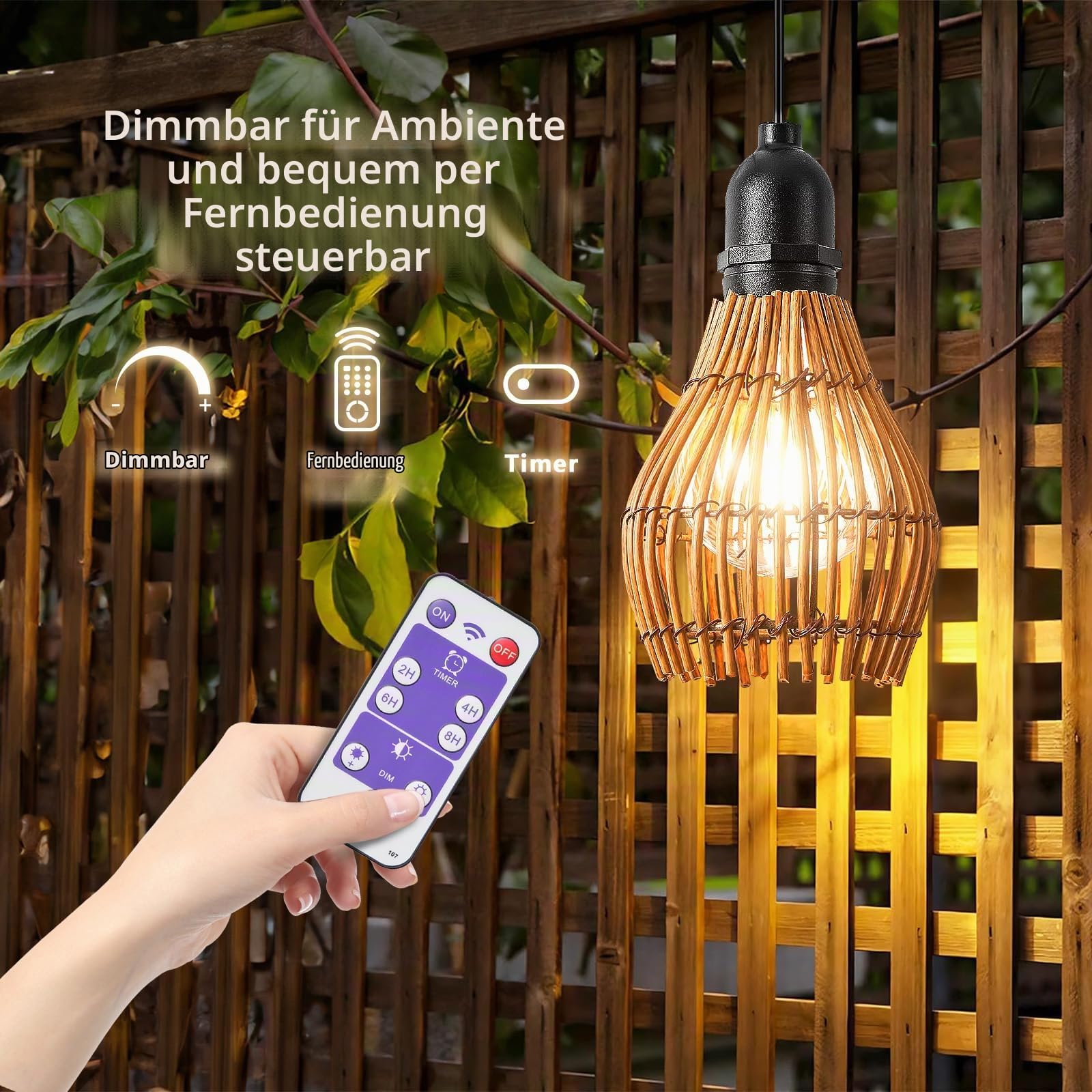 3er Pack Hängelampe Outdoor Akku, Boho Rattan Hängelampe mit Batterie Außen Wasserdicht Hängeleuchte Mit Fernbedienung Dimmbar Pendelleuchte ohne Strom für Zelt, Camping, Garten, Dekorative