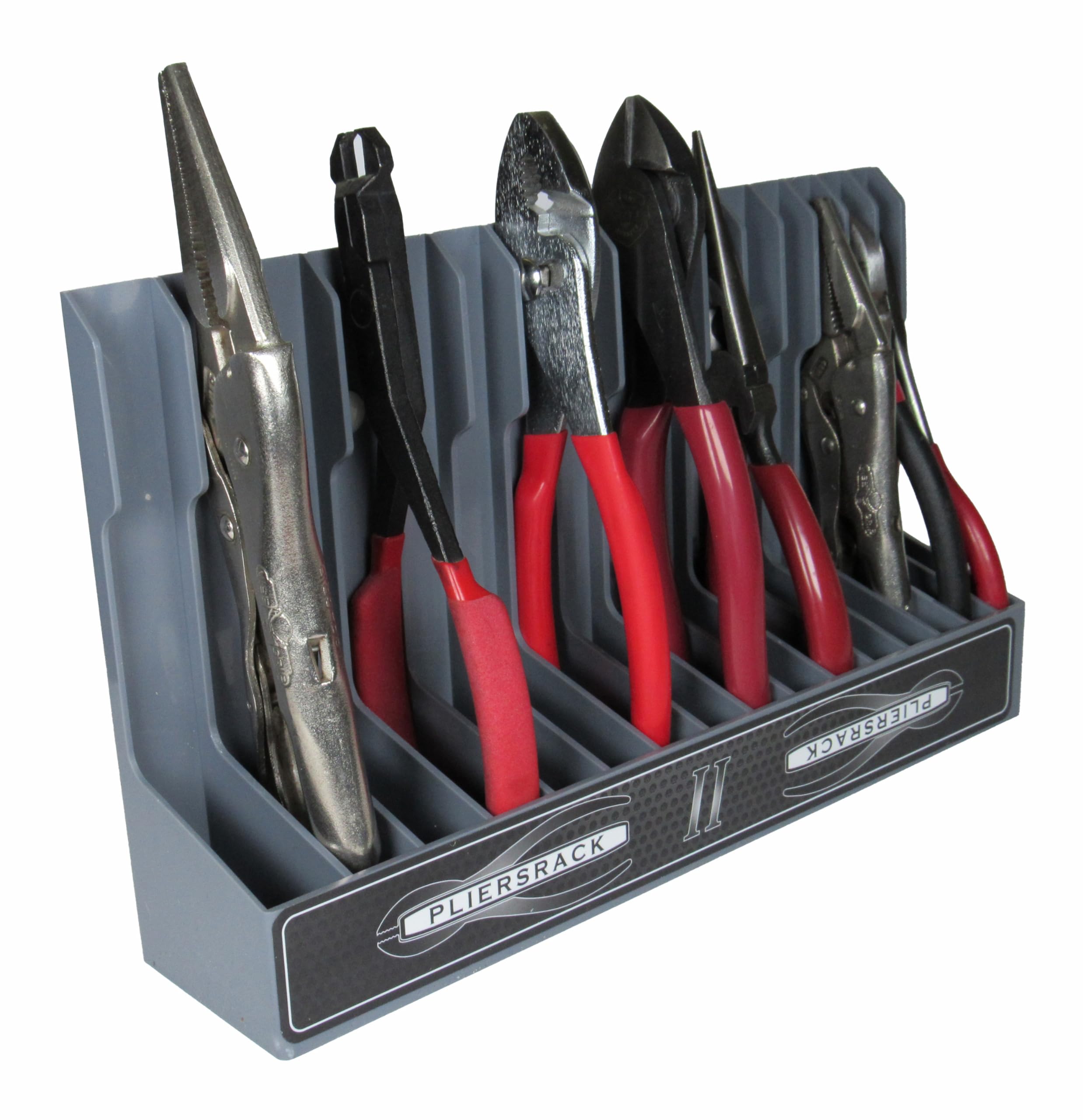 PLR16 Gray PliersRack for your Peg Board and Toolbox Drawer. Plier storage for Regular & smaller pliers. Keeps spring loaded pliers closed in your toolbox. Has a special tilt feature.