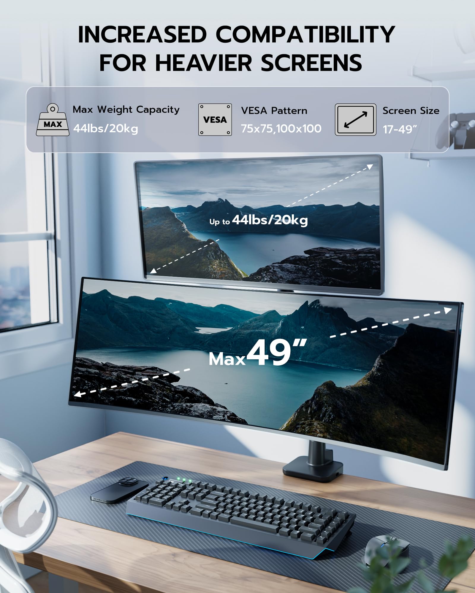 ARES WING Brazo de monitor dual para pantallas planas y curvadas de 17 a 49 pulgadas, soporte ergonómico de resorte de gas para juegos con gestión de cables, inclinación, giro, rotación, soporta hasta