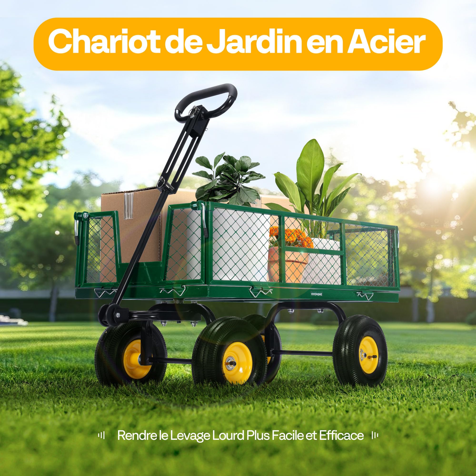 VIVOHOME Chariot de Jardin Capacité de Charge 410kg, Chariot de Transport Tout Terrain avec Pneus 25,4cm et Poignée Convertible, pour Jardinage ou comme Remorque Vert