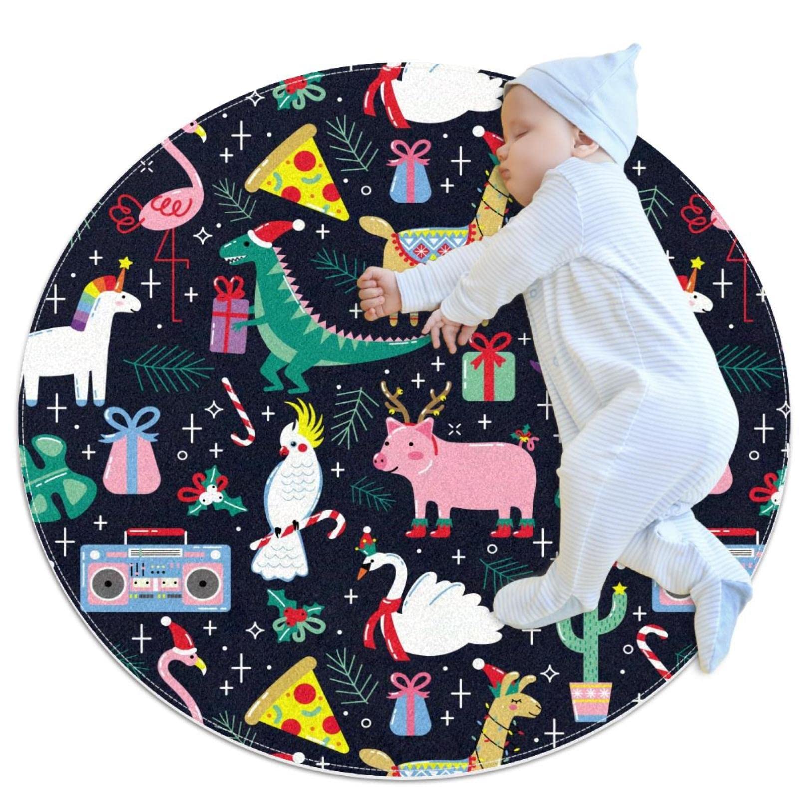 Round Area Rugs Cartoon Christmas Animals Pig Dino Unicorn Alpaca Pattern Indoor Entryway Doormat Throw Runner Rug Floor Carpet Pad Yoga Mat for Living Room Bedroom 2.3 Feet