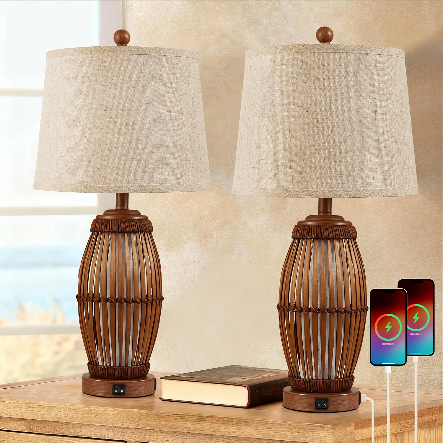 27 Vintage Bamboo Woven Table Lamps Set of 2 Farmhouse Rattan Bedside Lamps for Bedroom Livingroom Office Study