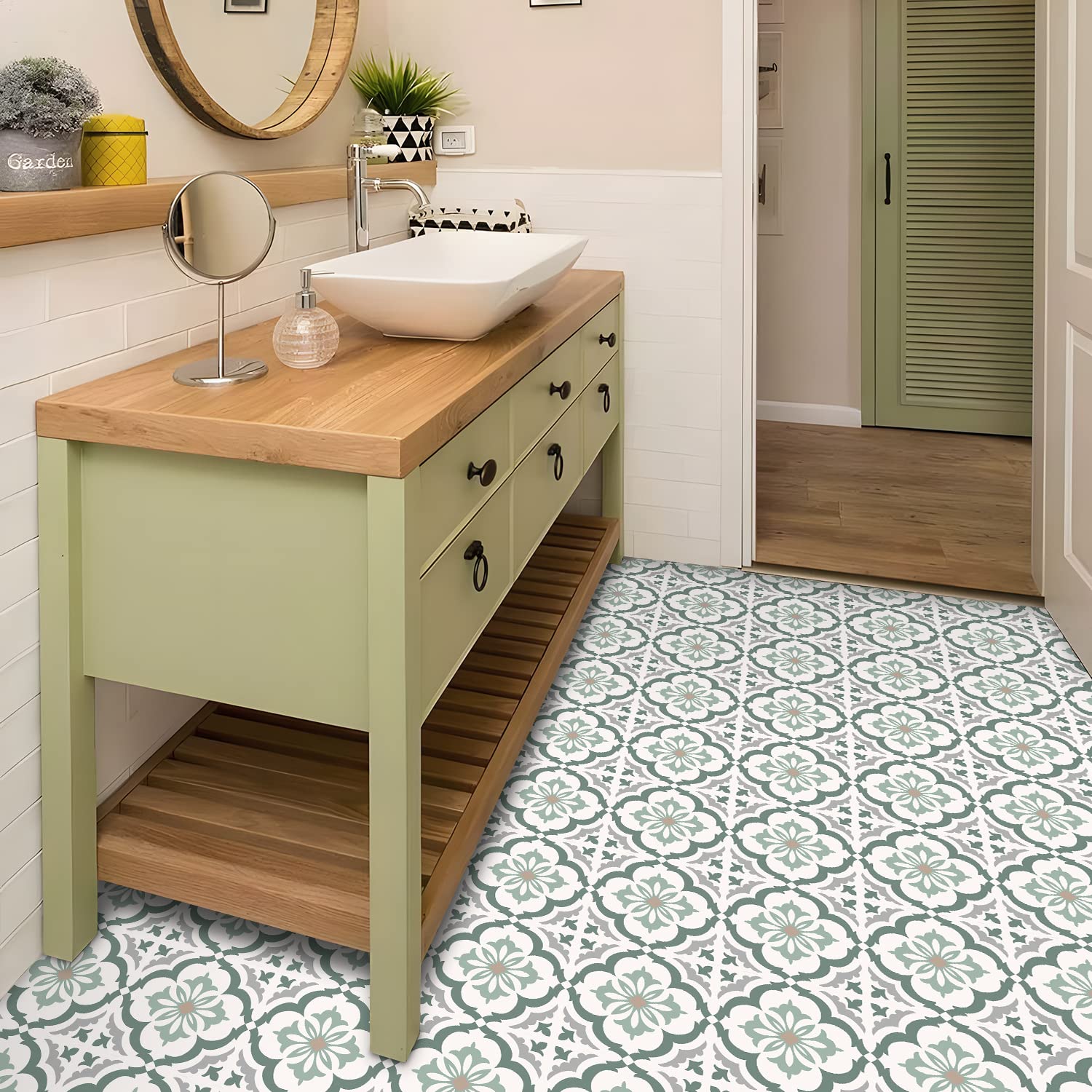 Tile Stickers Green Brown Grey Bathroom PVC Self Adhesive Tiles Stick on Kitchen Wall Peel and Floor 20x20cm/48 pcs