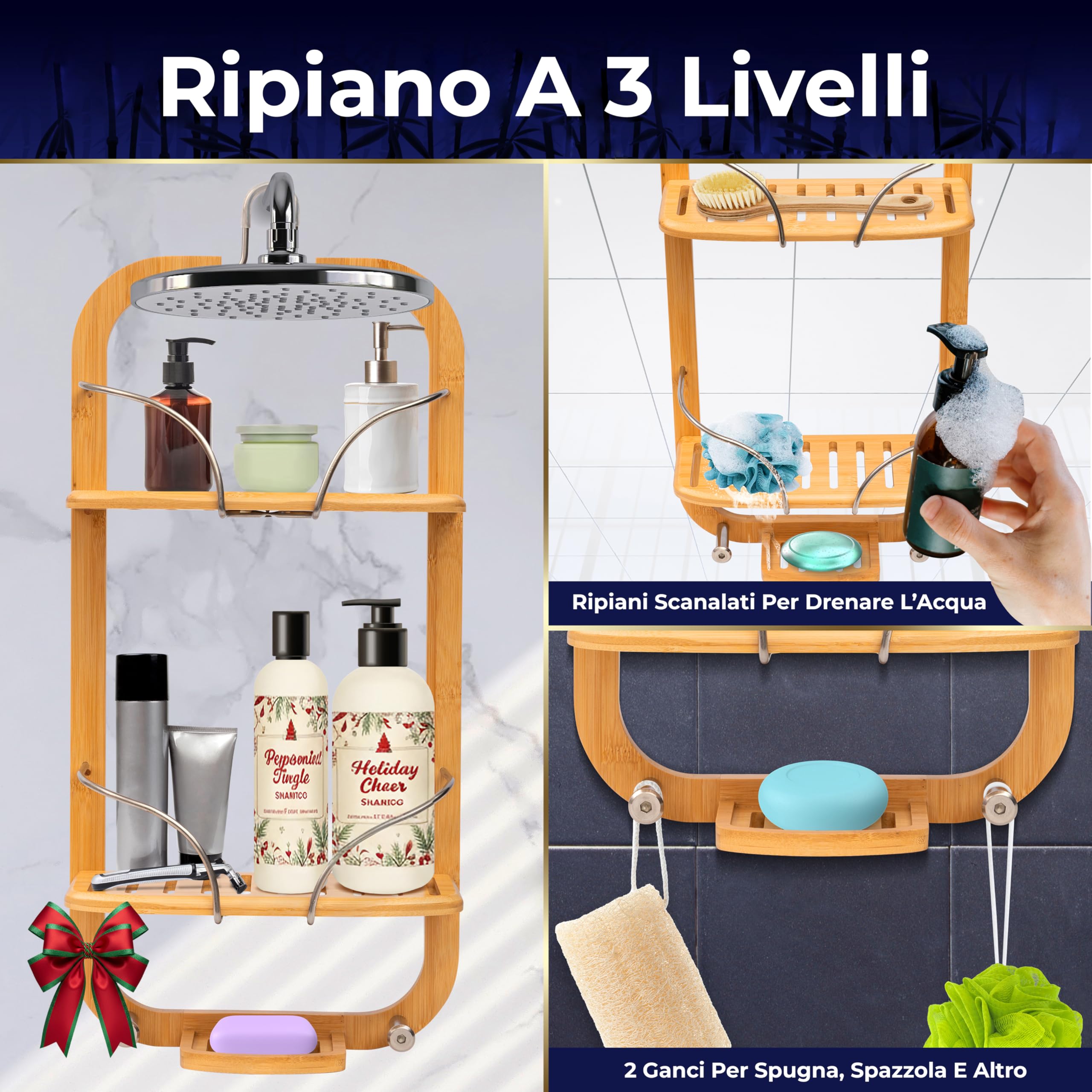 SereneLife Portaoggetti Doccia in Bambù a 3 Ripiani, Design Antiscivolo, Organizer Bagno, Portaoggetti Bagno Salvaspazio, Mensola Doccia per Shampoo, Bagnoschiuma, Sapone e Accessori