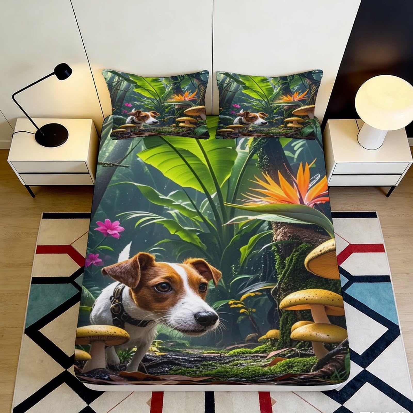 3D Printed Forest Dog Fitted Sheet Microfiber Non-slip Mattress Cover for Bedroom Dorm Room Decor 120x200cm 180x200x25cm