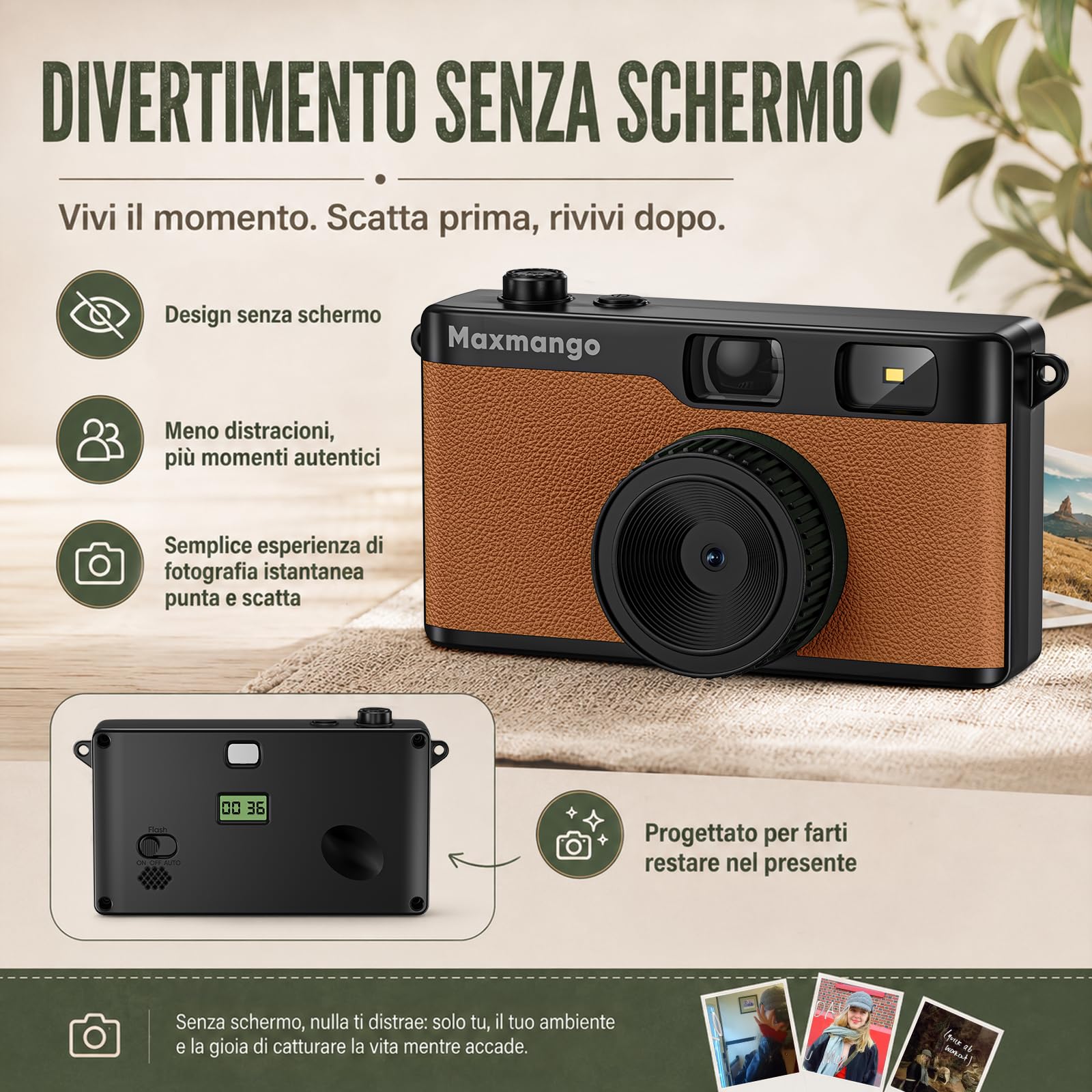 Maxmango D53 Fotocamera Digitale Compatta Senza Schermo, Fotocamera Vintage Retro 12 MP Catturare Momenti Reali, Filtri DIY Scaricabili, USB-C, Scheda SD da 8 GB Inclusa, Fino a 4000 Foto (Marrone)