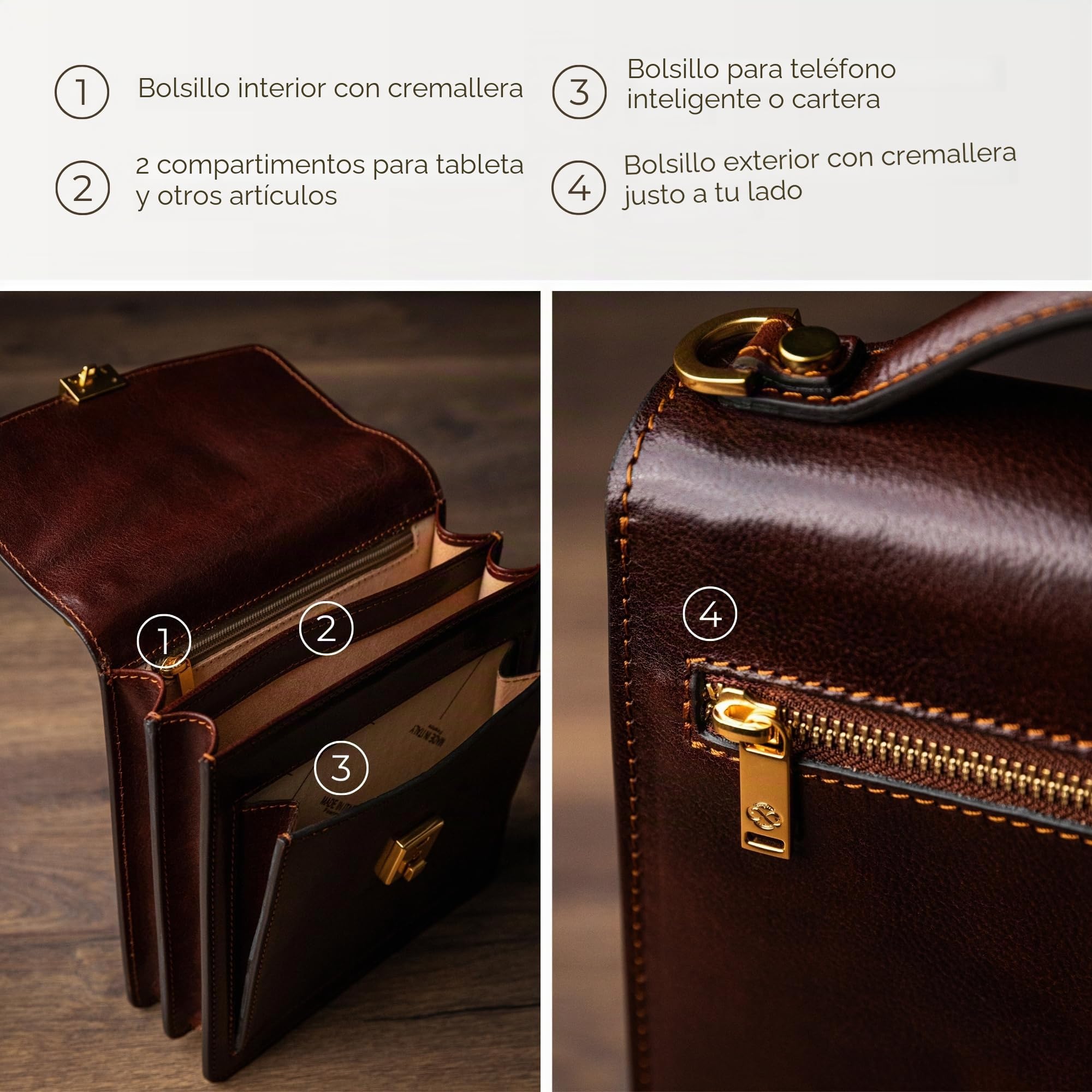 Time Resistance Bolso Bandolera para Hombre y Mujer de Piel - Maletín Portadocumentos de Mano en Cuero
