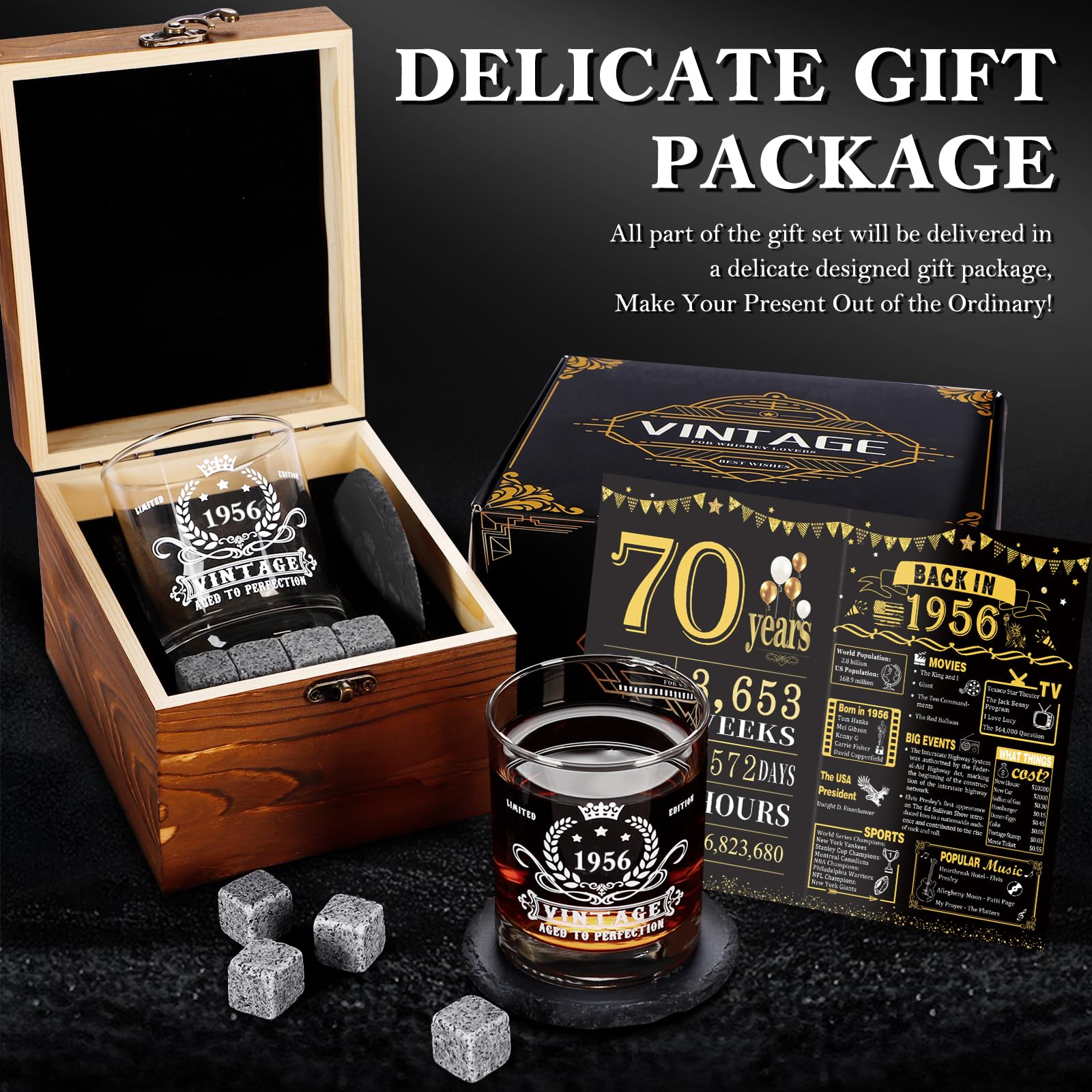 YeohJoy 70th Birthday Gifts for Men,Vintage 1956 Whiskey Glass Set,Wood Box & Whiskey Stones & 1956 Poster Anniversary Card & Coaster,Birthday Gifts Ideas for Him,Husband,Dad
