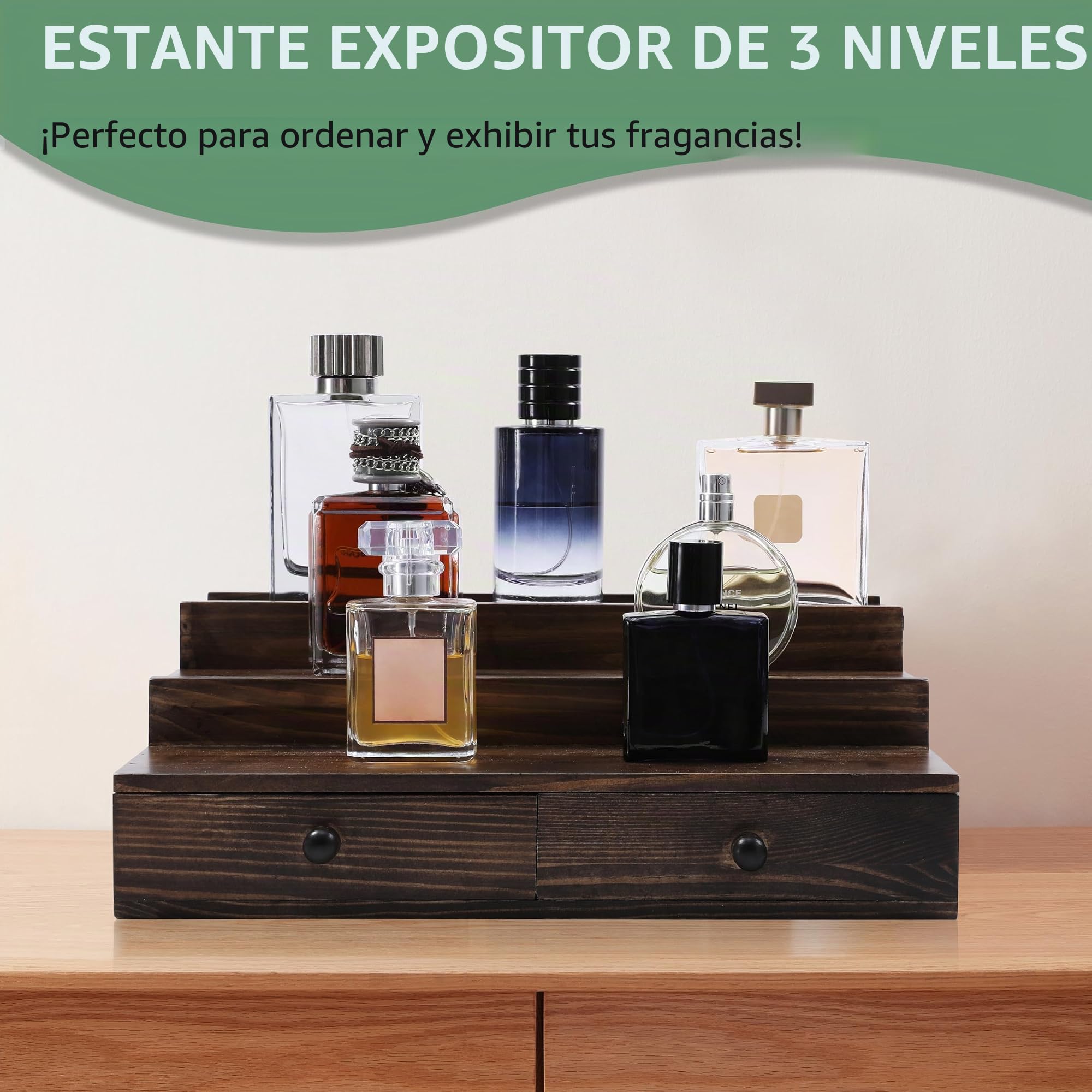 Boulphia Organizador de colonia para hombre, organizador de perfume de madera para tocador, soporte de perfume con estante de exhibición de 3 niveles, cajón y compartimento oculto para almacenar