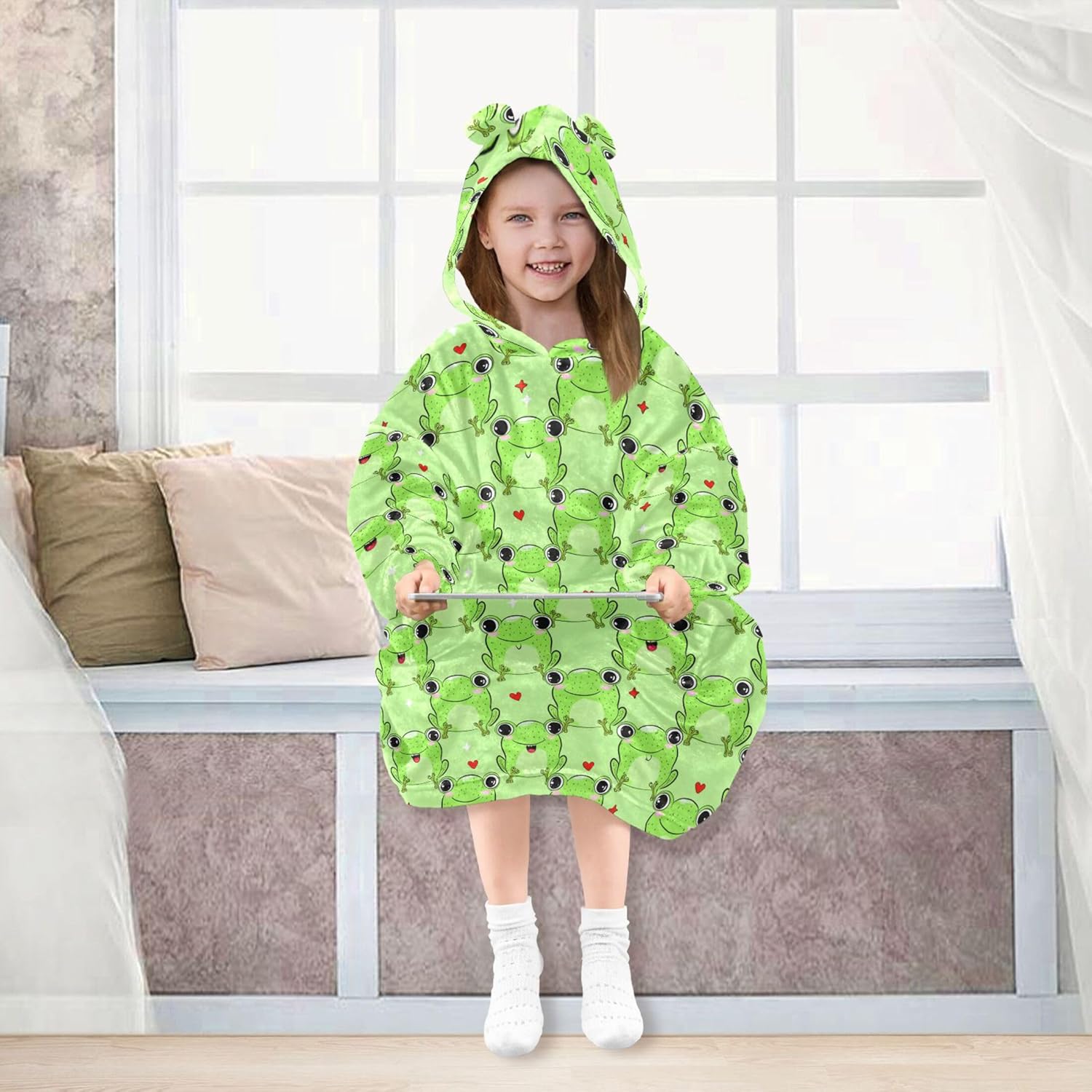 Cute Frog Kids Wearable Blanket Hoodie with Pocket and Sleeves for Toddlers, Cute Hoodies 3-14 Year Girls Boys