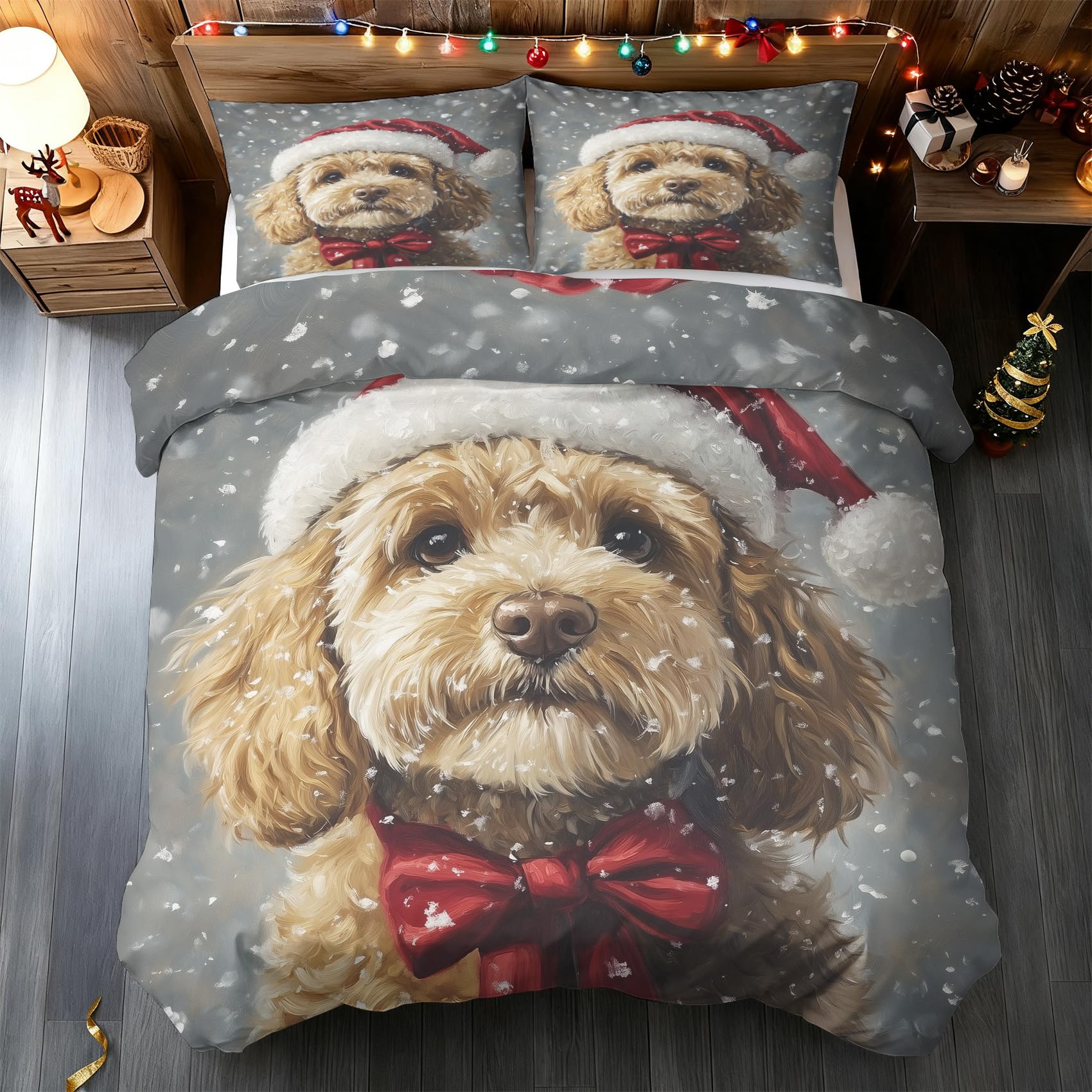 Housse de Couette 220x240 Chien Mignon avec Parure de Lit Chiot Noël