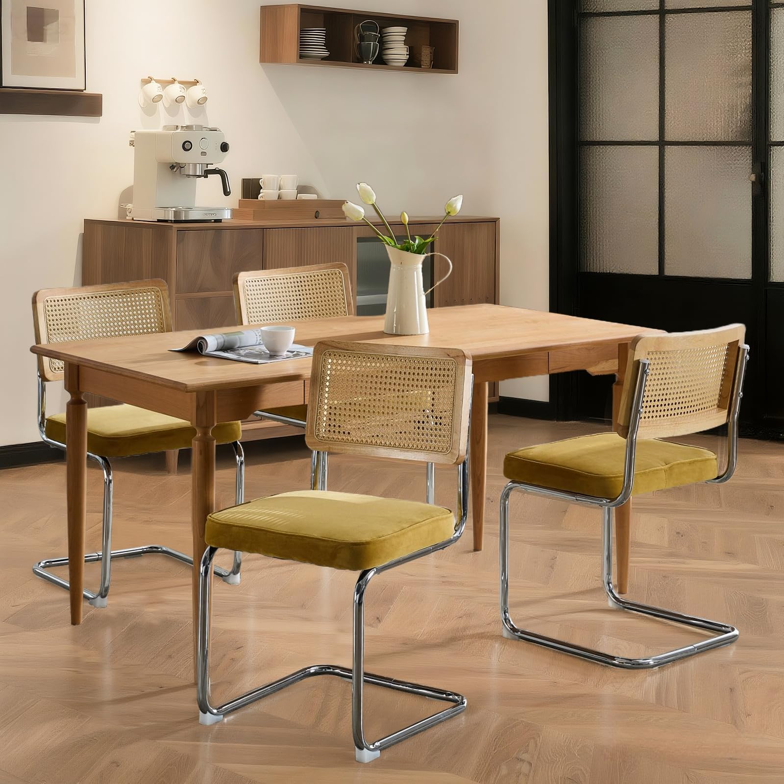 Velvet Dining Chairs Set of 4 Handwoven Rattan Back Upholstered Seat&Chrome Base Mid Century Kitchen Chair,for Dining Room,Living Room,Bedroom,Gold