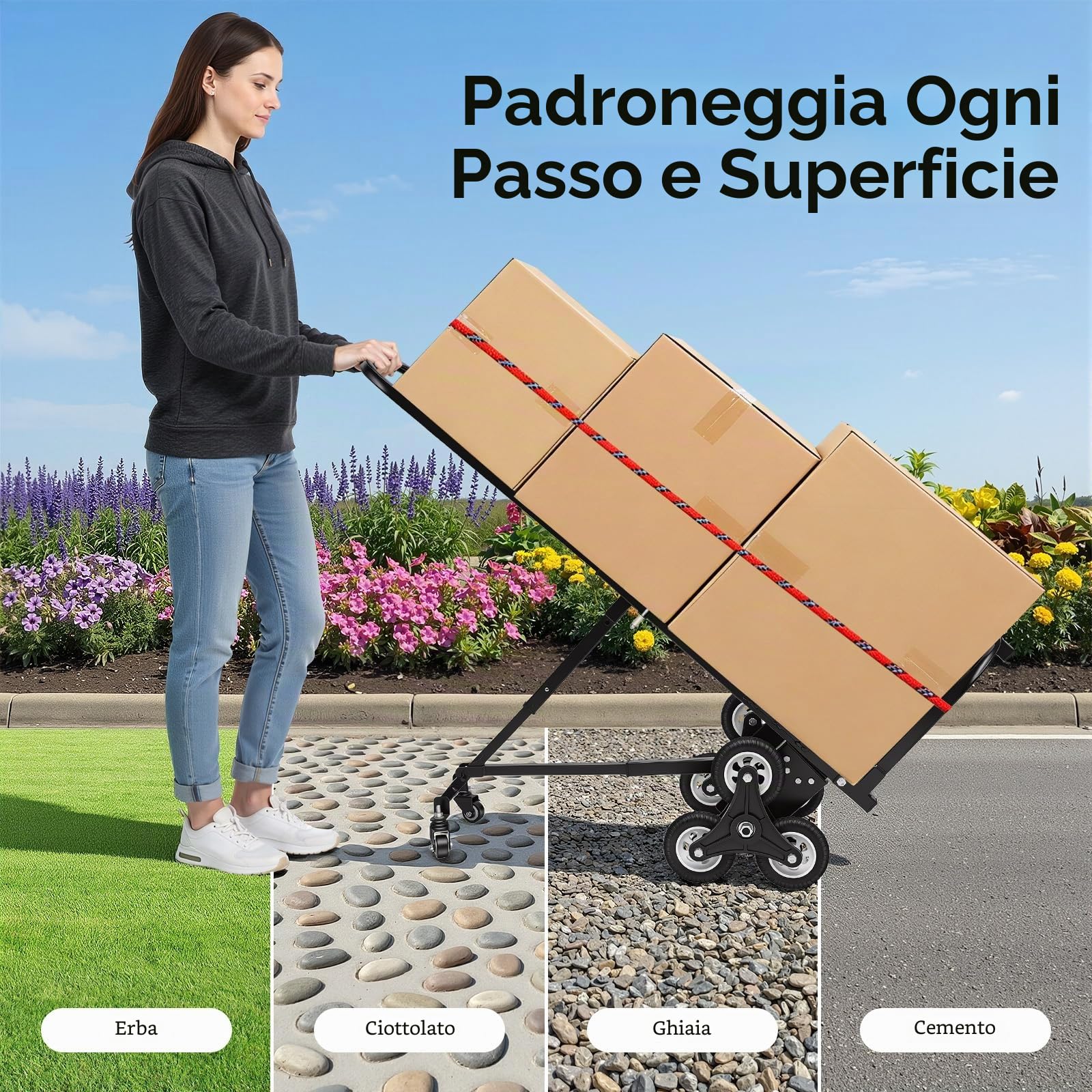 Carrello per salire le scale, pieghevole, carrello per il trasporto di scale, carrello pieghevole in acciaio, portata 150 kg, manico regolabile in altezza, con cavo di fissaggio, per magazzino
