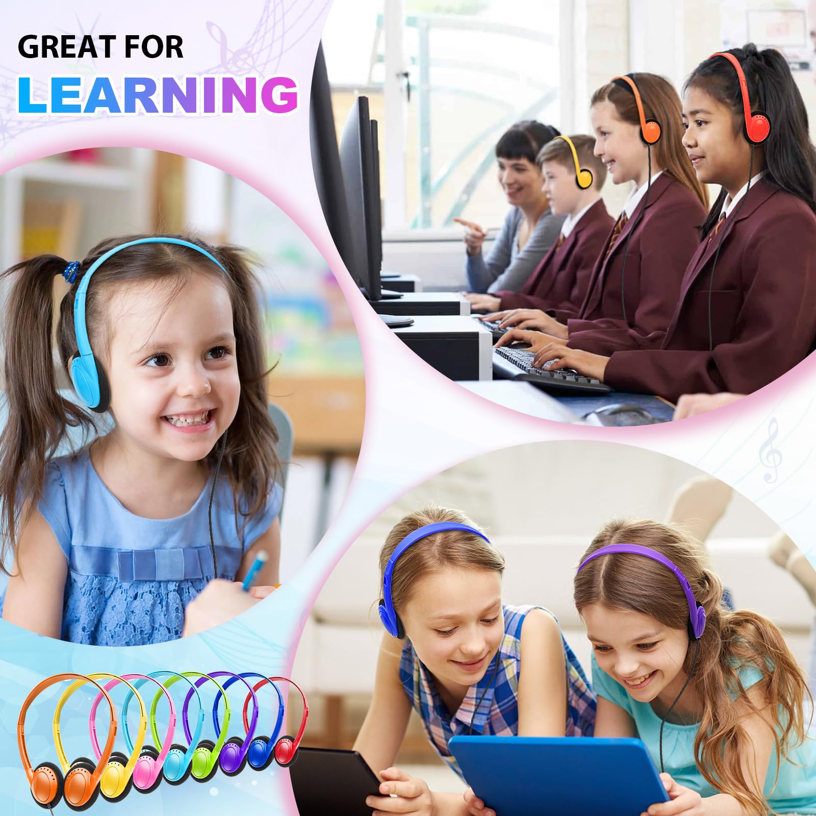 Yoley Kids Headphones Bulk 6 Pack - Multi-Colored On-Ear Headphones For School, Classroom, Students, Teens & Adults - View #5