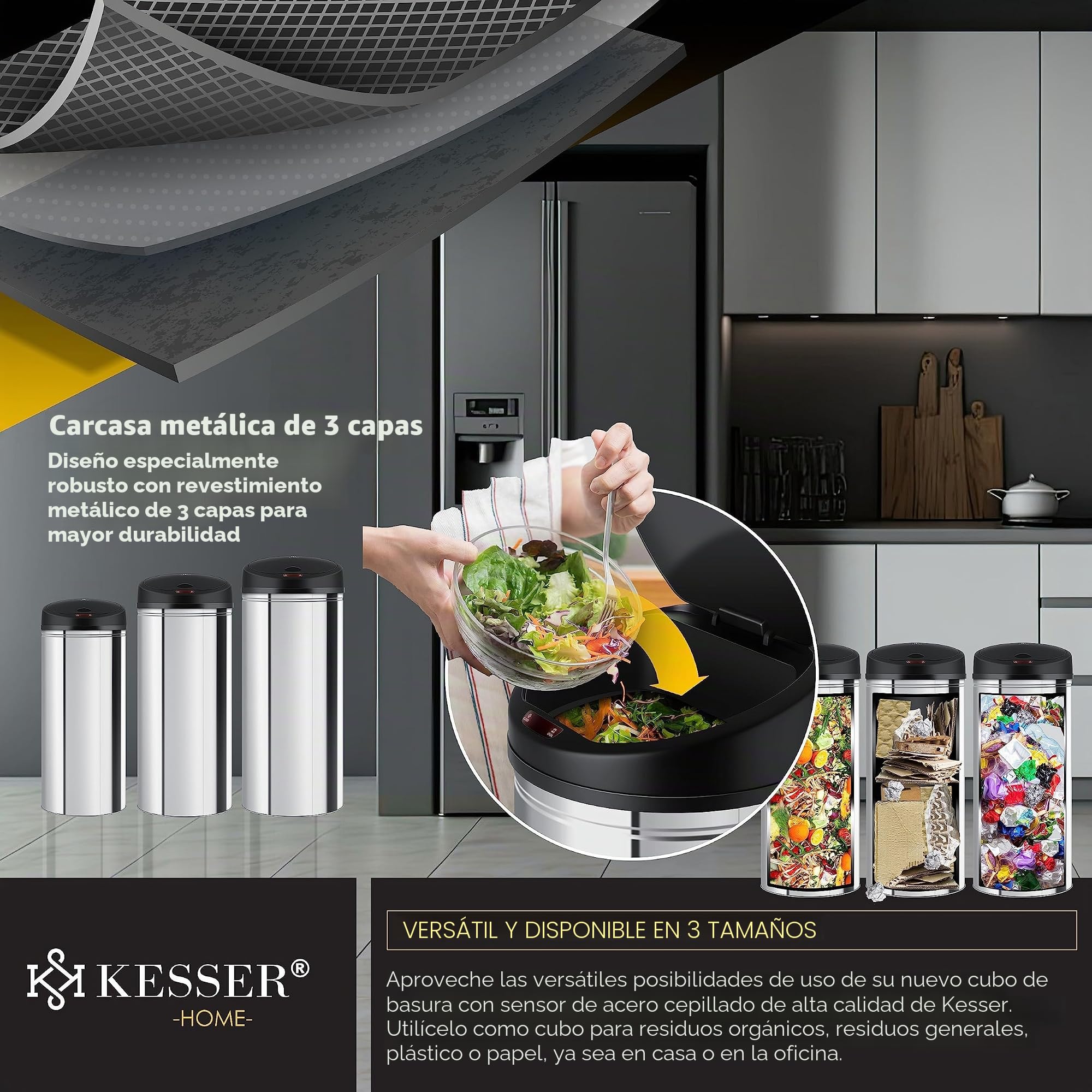 KESSER® Papelera con sensor automático Papelera de ACERO INOXIDABLE
