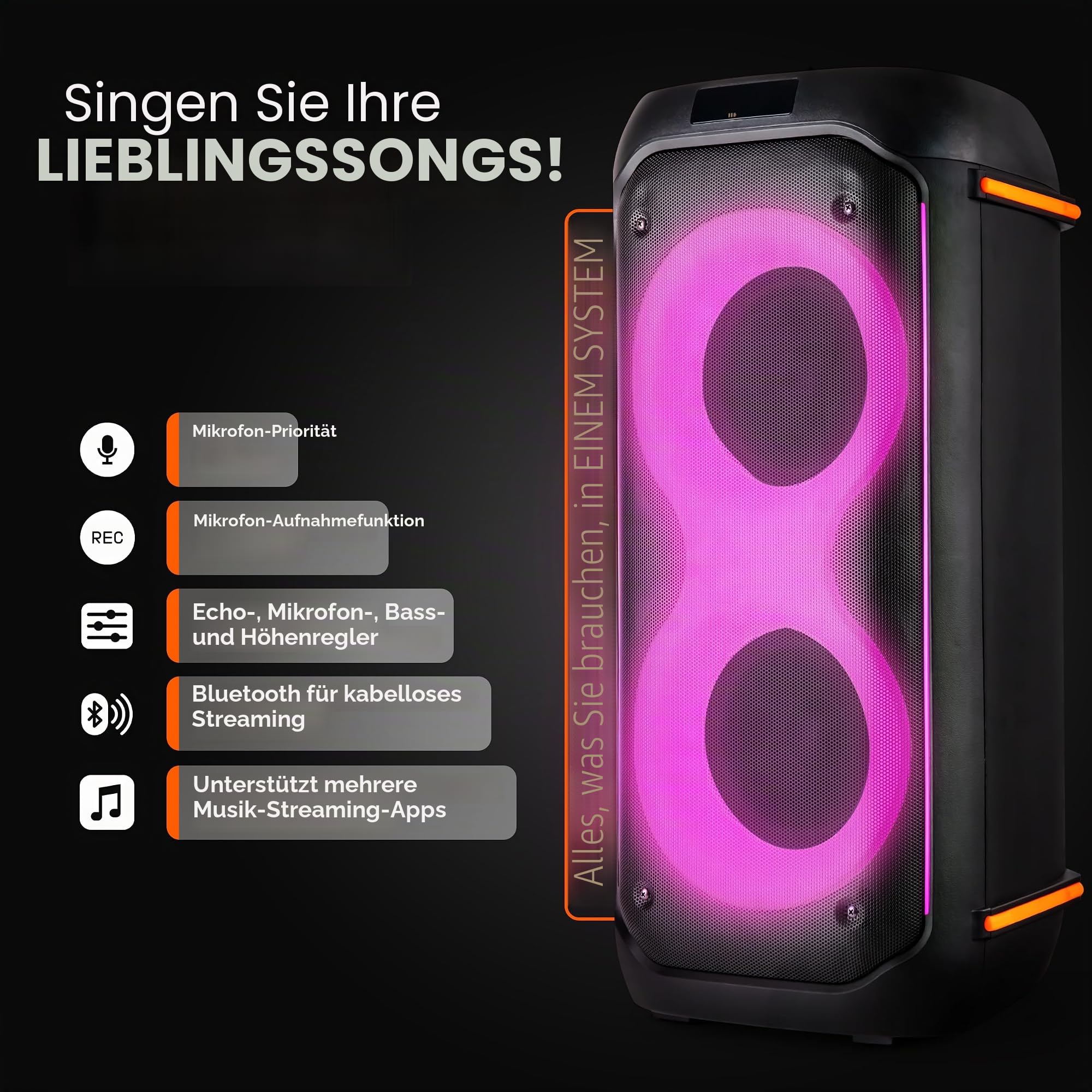 Pyle Bluetooth-Party-Lautsprecher 160W, Karaoke-System mit 2X 6,5", Mikrofon, Akku, USB/SD/FM/TWS, Partylichter & Tasche, 30x30x67 cm