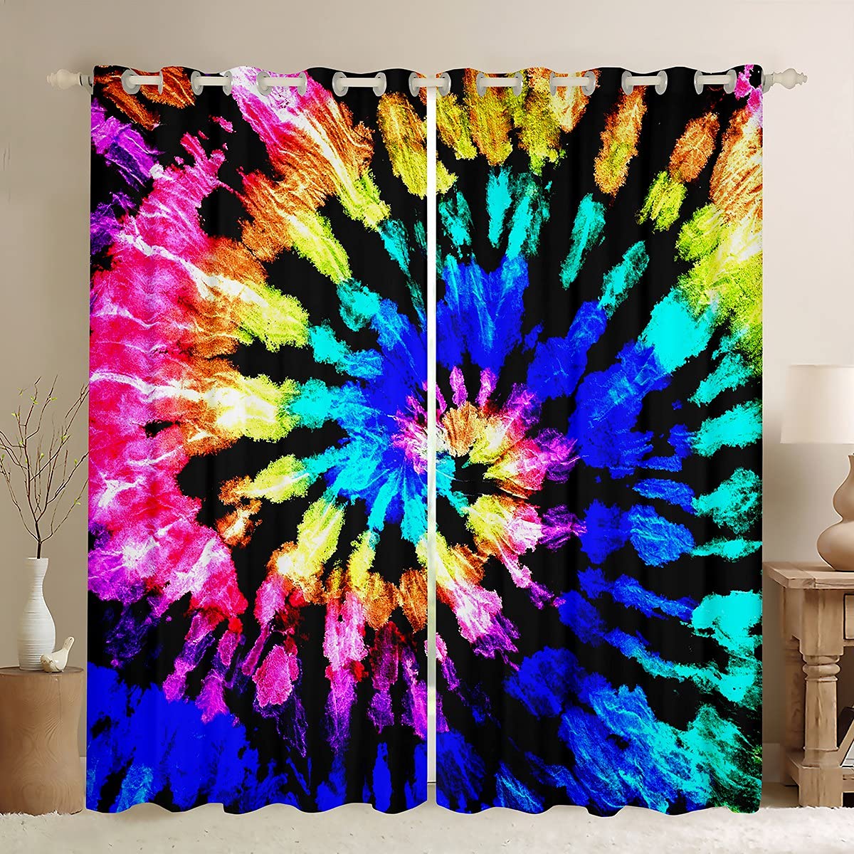 Tbrand Colorful Tie-Dye Room Curtain Boho Psychedelic Swirl Curtain for Bedroom Bohemian Gypsy Curtain for Kids Boys Girls Traditional Tribal Drapes,W66*L72