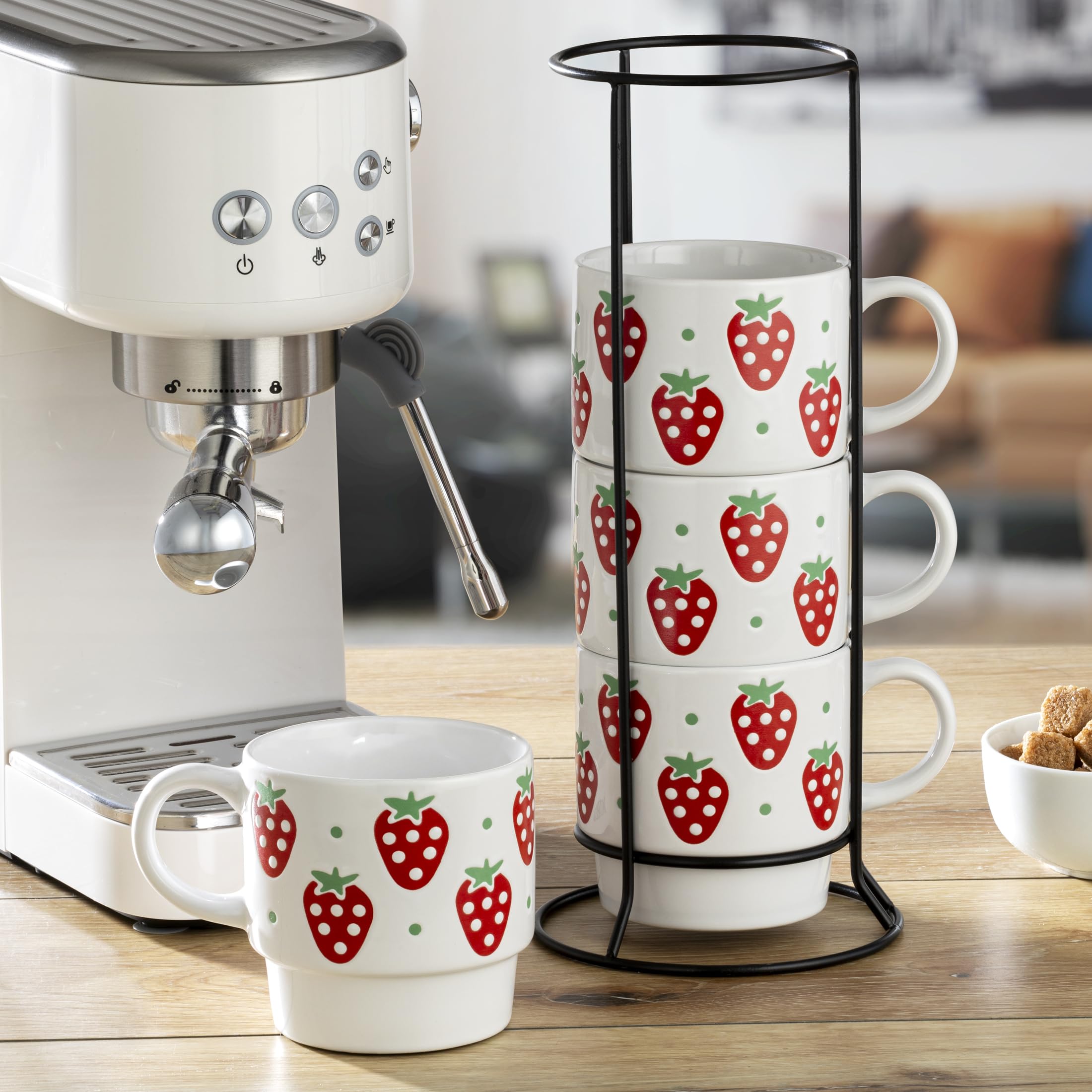 Amazon.com: Signature Housewares Stackable Coffee Mug Tower Set with Metal  Wire Rack - 15 Ounce Coffee Mugs for Coffee, Tea, Cocoa, Milk, Cappuccino,  Hot Chocolate Set of 4 - Strawberry Pattern : Home & Kitchen