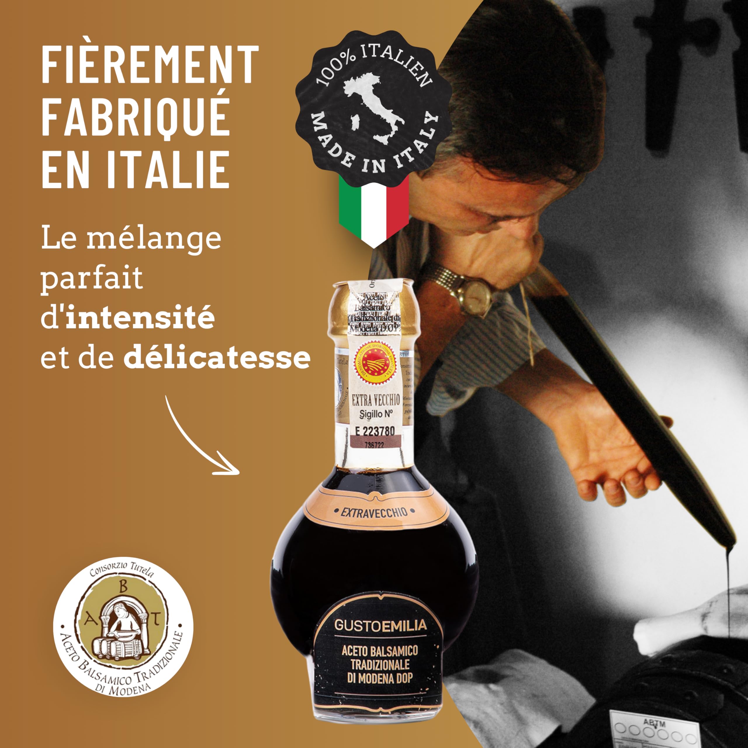 GUSTOEMILIA Vinaigre Balsamique Extra Vieilli 25 Ans de Modène IGP Italien - Accord Parfait avec le Parmigiano Reggiano Vieilli - Fabriqué en Italie 3,38 Fl Oz (100 ml)