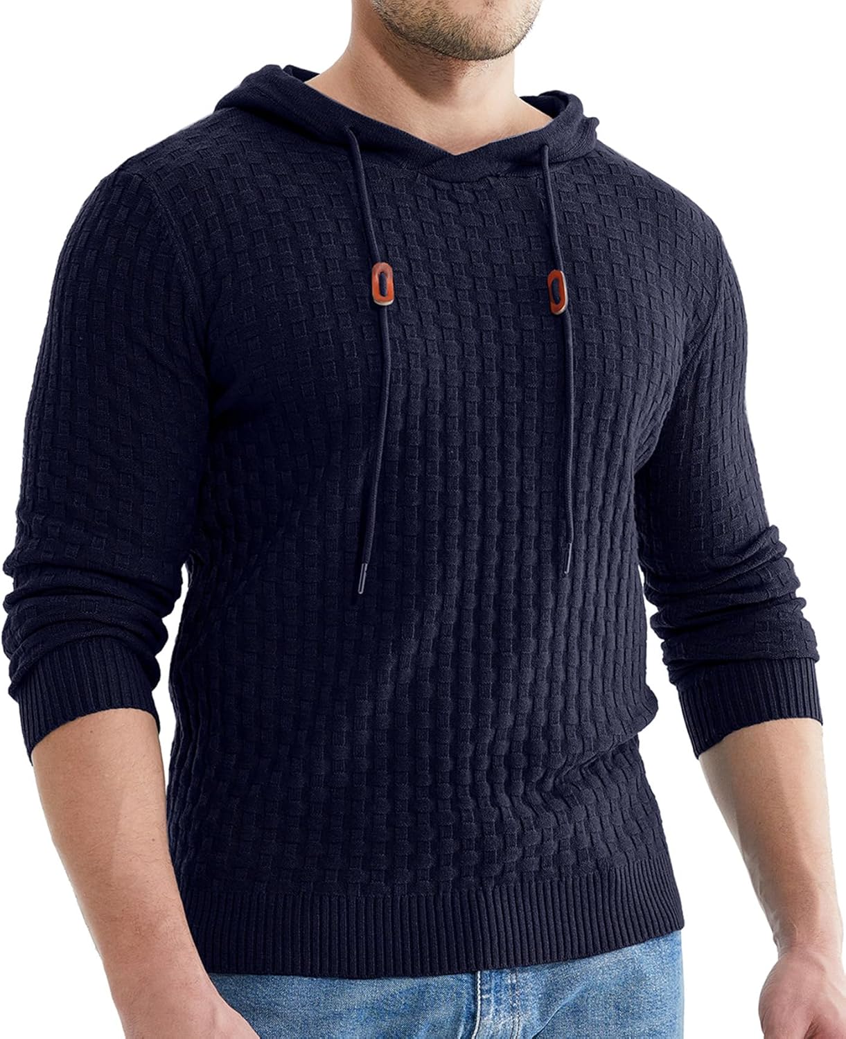 Askdeer Men's Pullover Sweater Long Sleeve Waffle Knitted Sweater Casual Soft Hoodie Pullover Sweaterwith Ribbing Edge Navy Blue