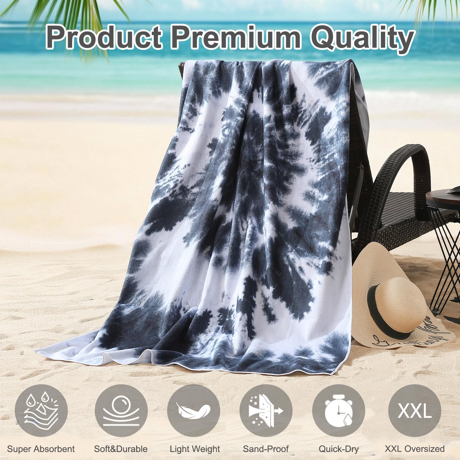 Jessy Home 4 Pack Large Beach Towel Set,40"X70" Oversized Tie-Dye Beach Towels,Sand Free,Soft & Quick Dry Absorbent,Multi-Color Towel for Beach Travel Swim & Stylish Cover Up-Black White