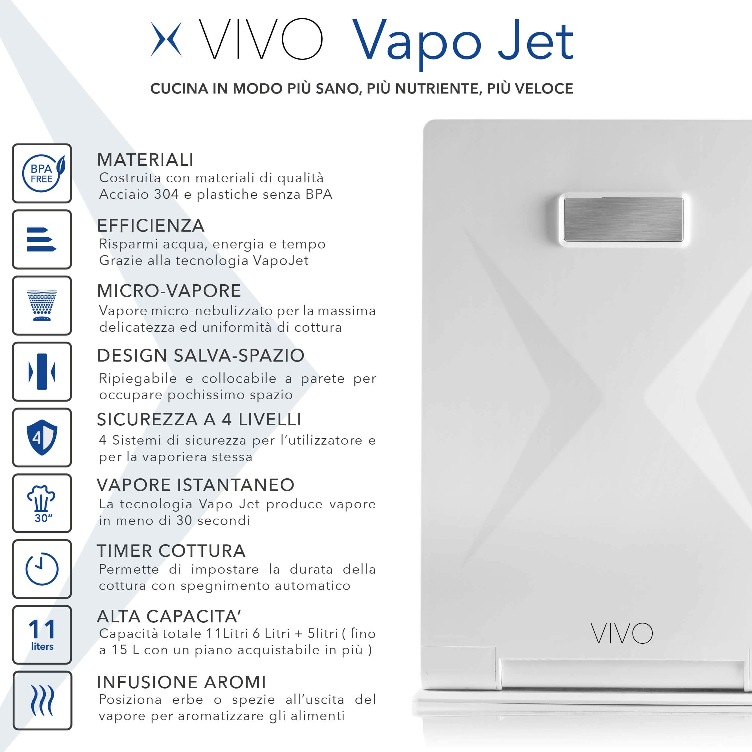 VIVO Vapo Jet | Vaporiera Istantanea, Salva Spazio, Vaporiera Elettrica | Cottura al vapore, utile anche per sterilizzare