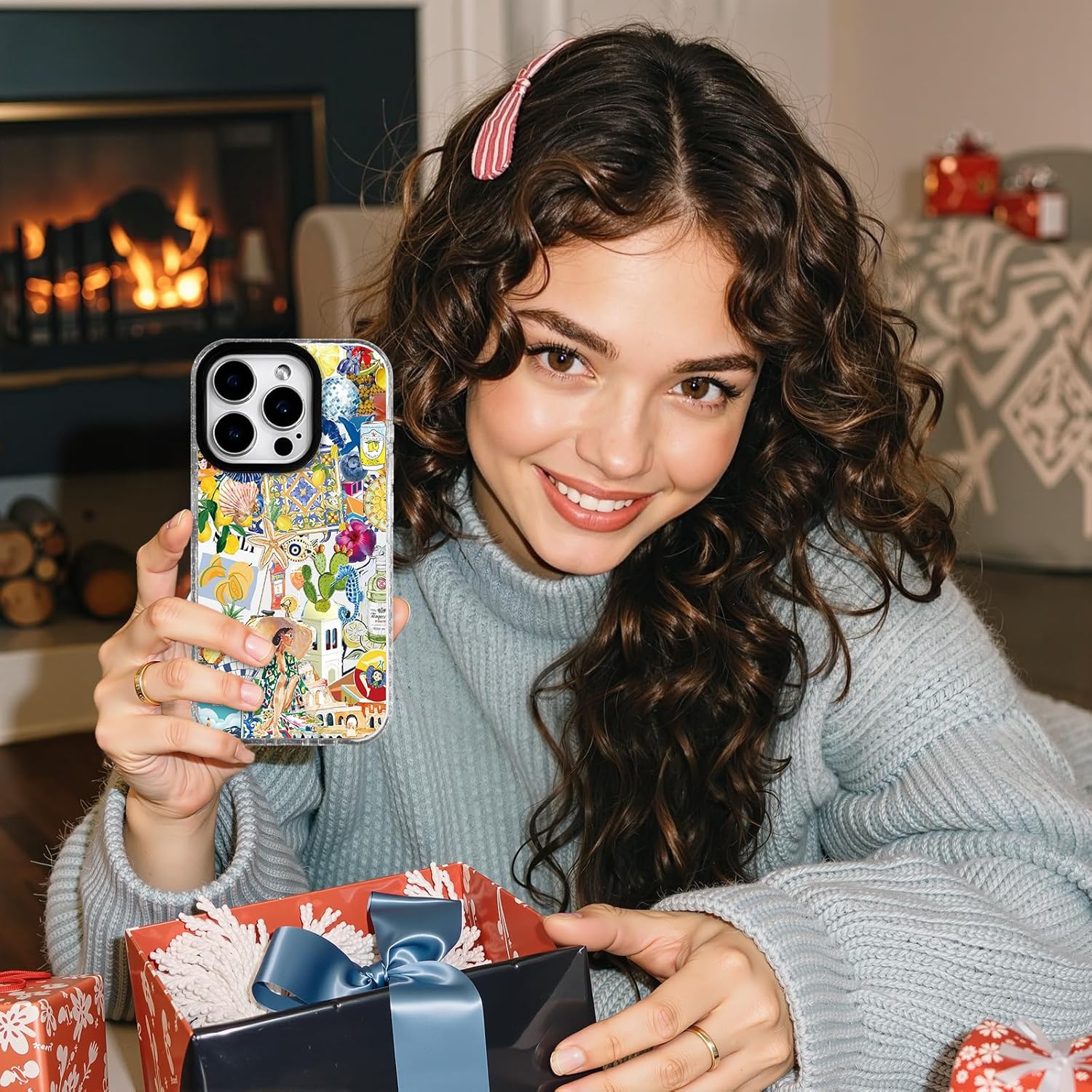 for iphone 15 case [military-grade drop protection/luxurious soft tpu protective/camera protection/for women & girls]-vibrant sicilian mediterranean collage art yellowsun iphone 15