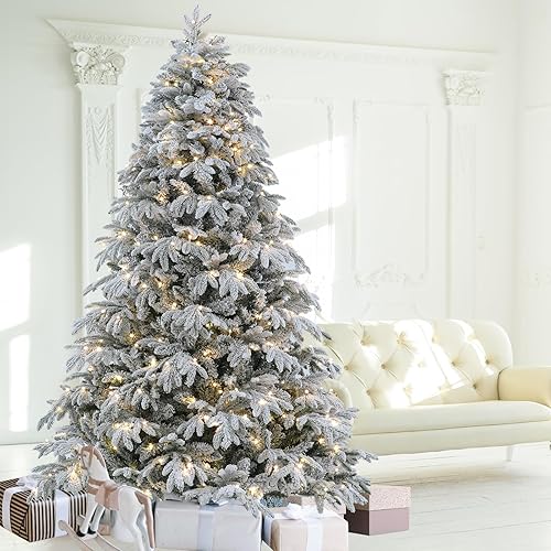 Flocked Spruce Artificial Christmas Tree - 7.5 ft Prelit with 10 Functions Colorful Lights & 2700 Realistic Tips, Firm Metal Stand & 400 Lights, Easy Assembly