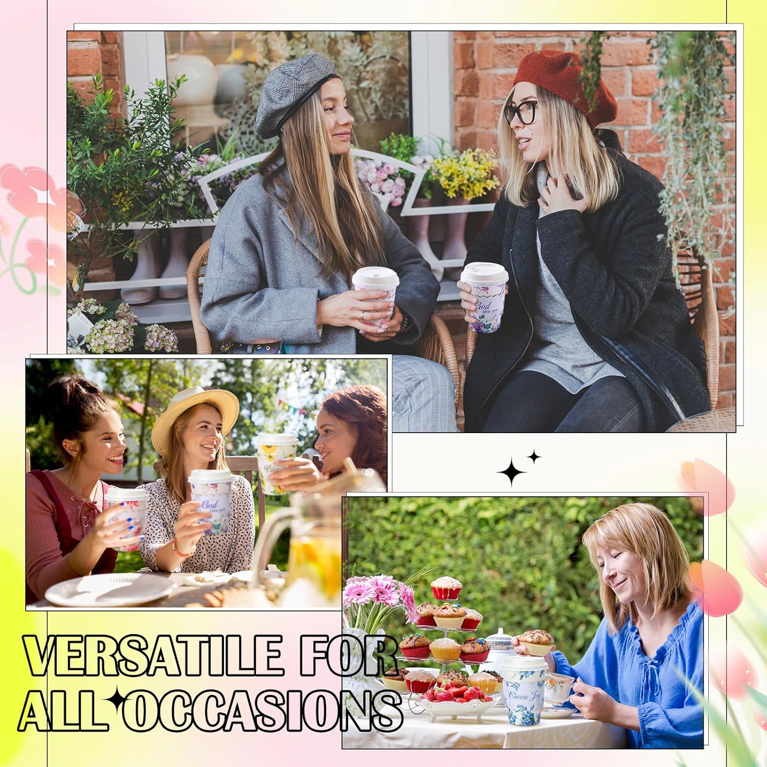 100 Pack Easter Pretty Disposable Floral Coffee Cups with Lids & Sleeves 12 oz Christian Scripture Paper Cups Bible Verse Hot Cold Coffee Drinkware for Home Office Wedding Baby Shower Party