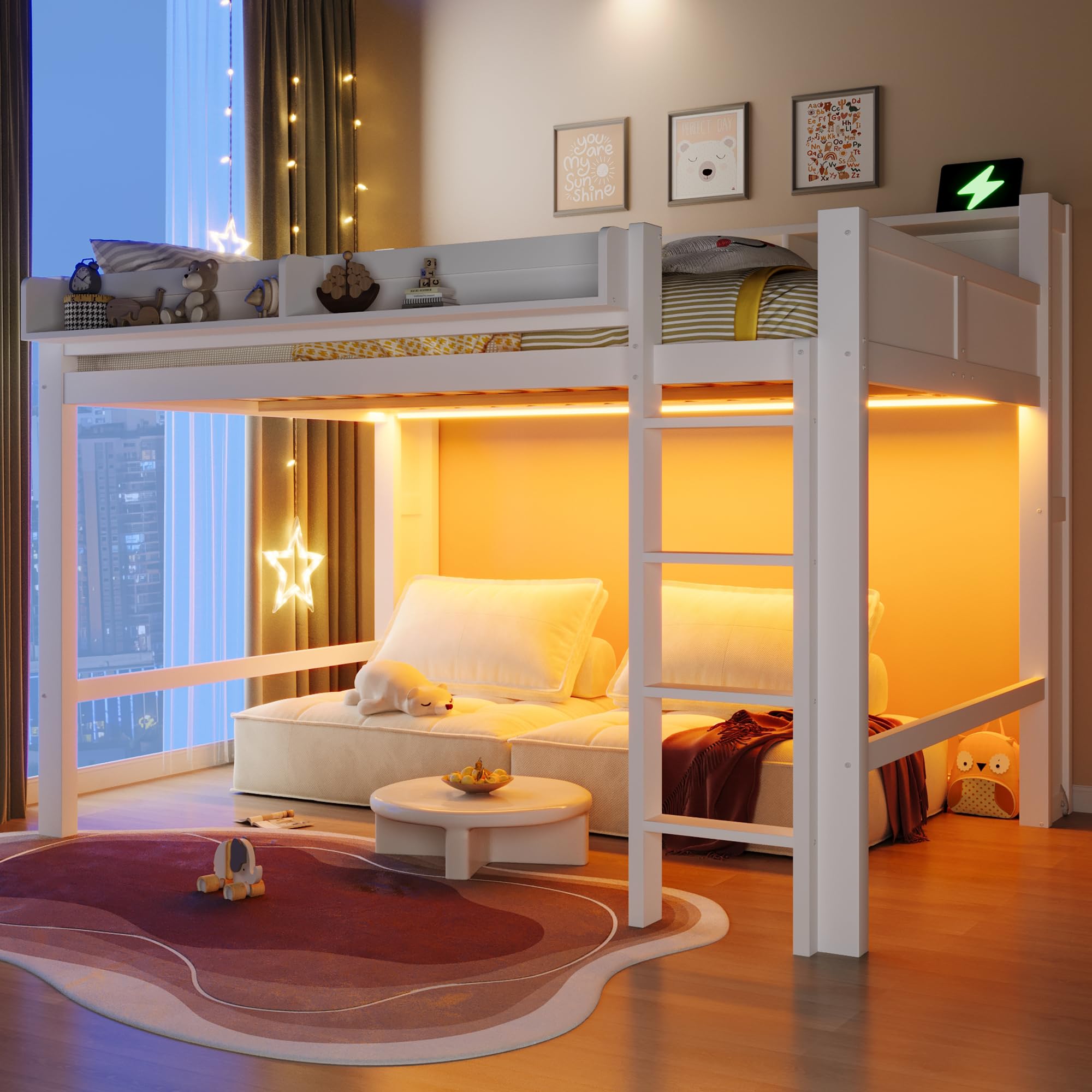 Lit Superposé Enfant 140x200cm avec éclairage LED et Port USB,Lit Mezzanine 2 Place en Bois avec rangements,Garde Corps,lit Jeune duoble,Cadre de lit Double,sans Matelas,Blanc