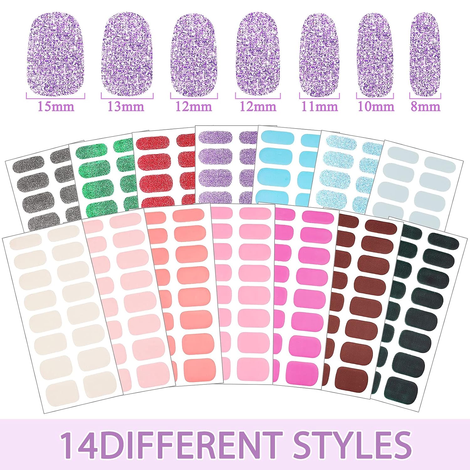 14 Sheets 224 Pieces Glitter Solid Color Nail Polish Strips Stickers Self-Adhesive Full Nail Wraps Decals Strips Manicure Nail Art with 2 Pieces Nail Files for Women Girls DIY Nail Art (Glitter)