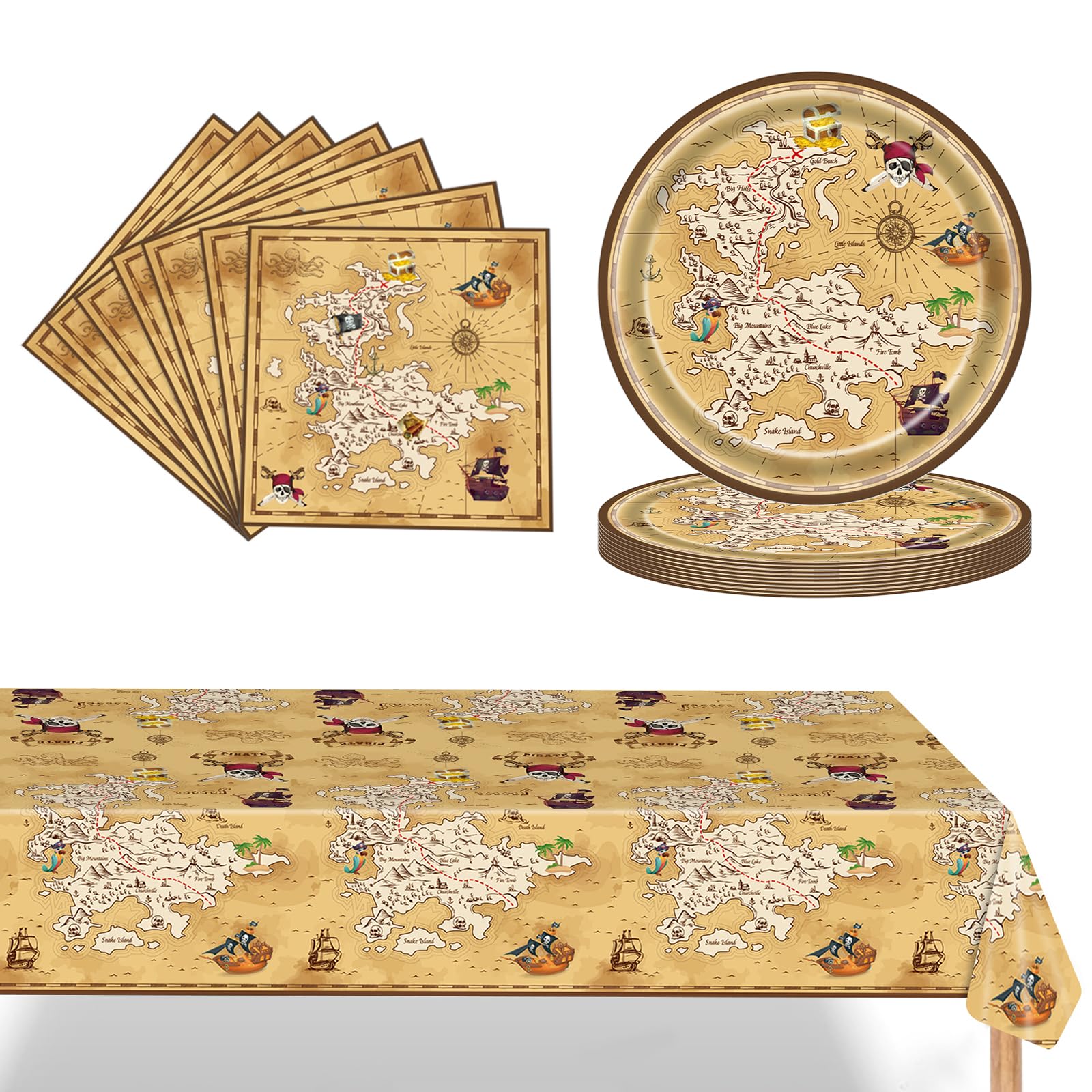 POPOYU Pirate Party Tableware Set,37Pcs Birthday Party Supplies,Paper Plates Napkins Tablecloth for Birthday Party Decorations