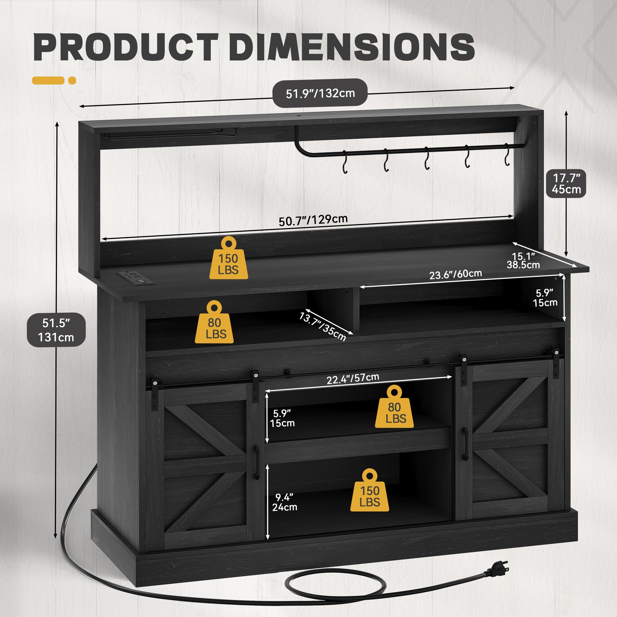 Diagram showing product dimensions and weight capacities for different sections of the coffee bar cabinet.