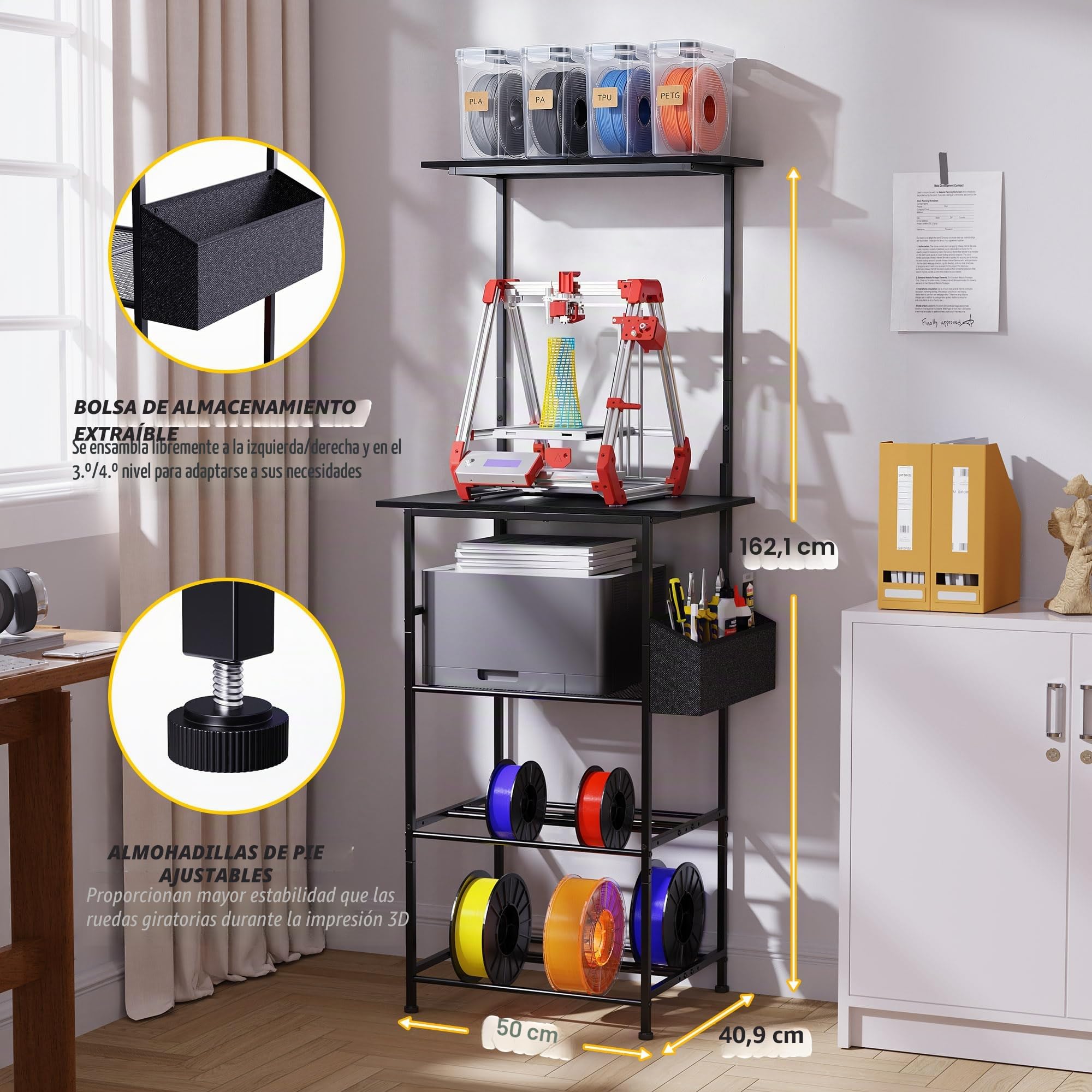 Mesa para impresora 3D, Soporte para impresora de 5 niveles, Armario de metal para impresora con almacenamiento de filamento y bolsillo lateral, Estantería para impresora para fijación a la