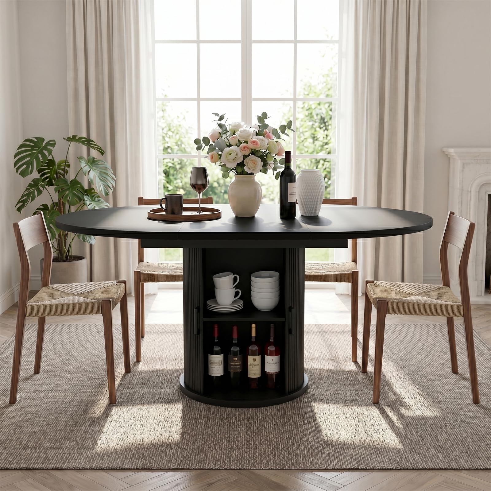 Tavolo da pranzo rotondo allungabile nero per 4-8 persone, 118-158 cm: tavolo da cucina salvaspazio con portabottiglie e base a piedistallo, facile da montare