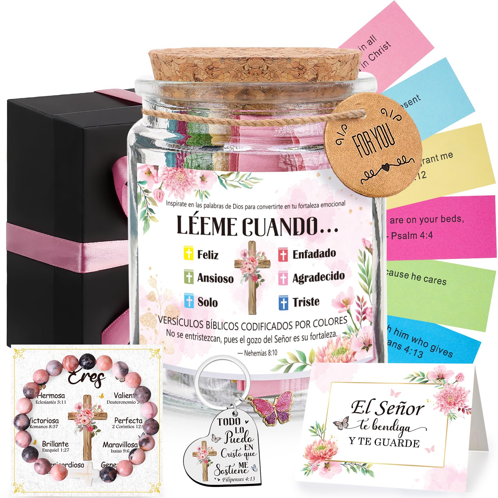 Bocal avec verset de la Bible espagnol pour femme : surmontez le stress par l'inspiration