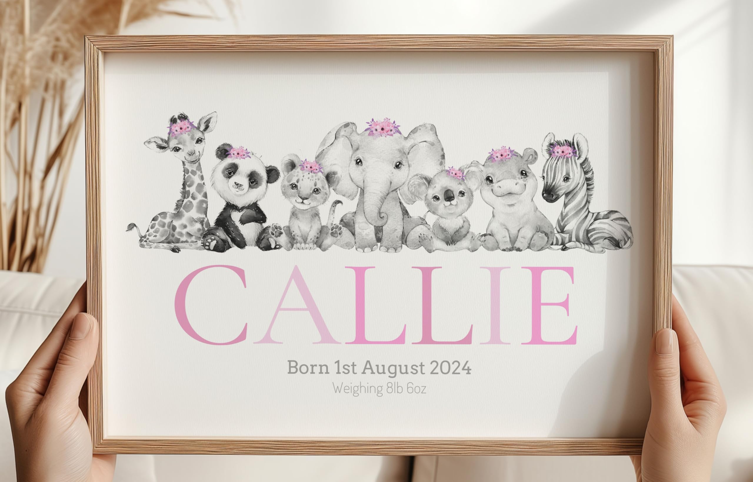 Eviepops Prints Personalised Safari Baby Animals Unframed Poster Print for Girls Nursery Bedroom, Personalise Name and Birth/Weight Details, Pink Purple, New Baby Gift, Giraffe Elephant Lion (A3)