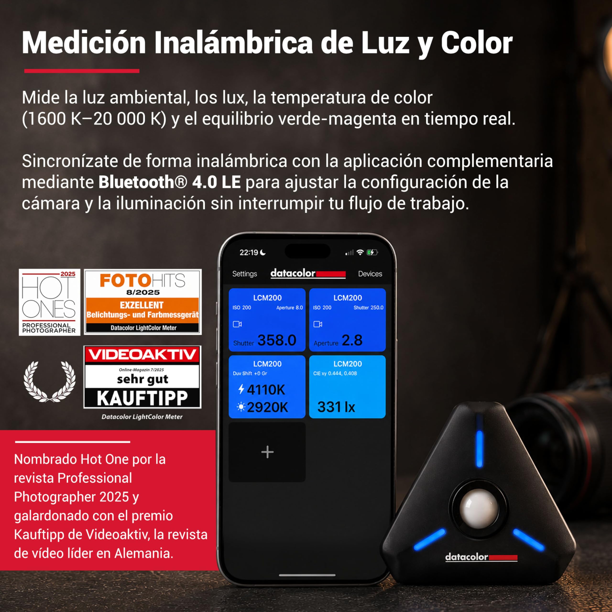Datacolor LightColor Meter - Medidor de Luz y Color con Bluetooth para Foto, Video y Cine - Datos en Tiempo Real - Compacto y Resistente