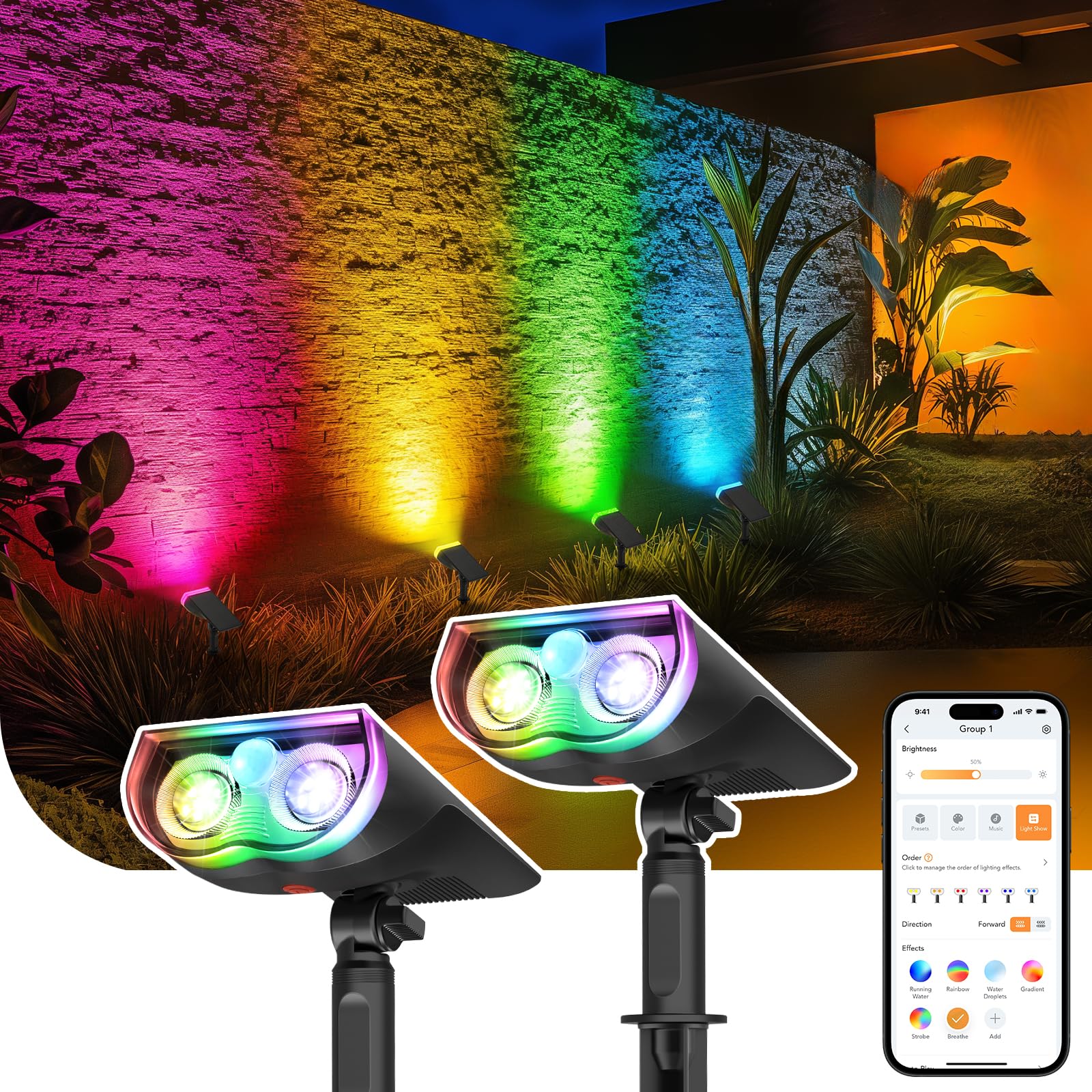 Linkind Smart Solar Lights Outdoor SL5 with Motion Sensor, APP Control Color Changing Solar Spot Lights Outdoor, IP65 Landscape Lighting, Christmas Halloween Decorations for Yard, Garden, Path(2 Pack)