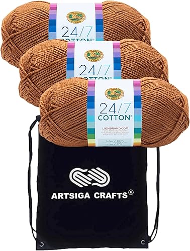 Lion Brand - Hilo de algodón blanco 247 761-100 (3 madejas, el mismo lote de tinte) para ganchillo y tejer, paquete con 1 bolsa para proyectos