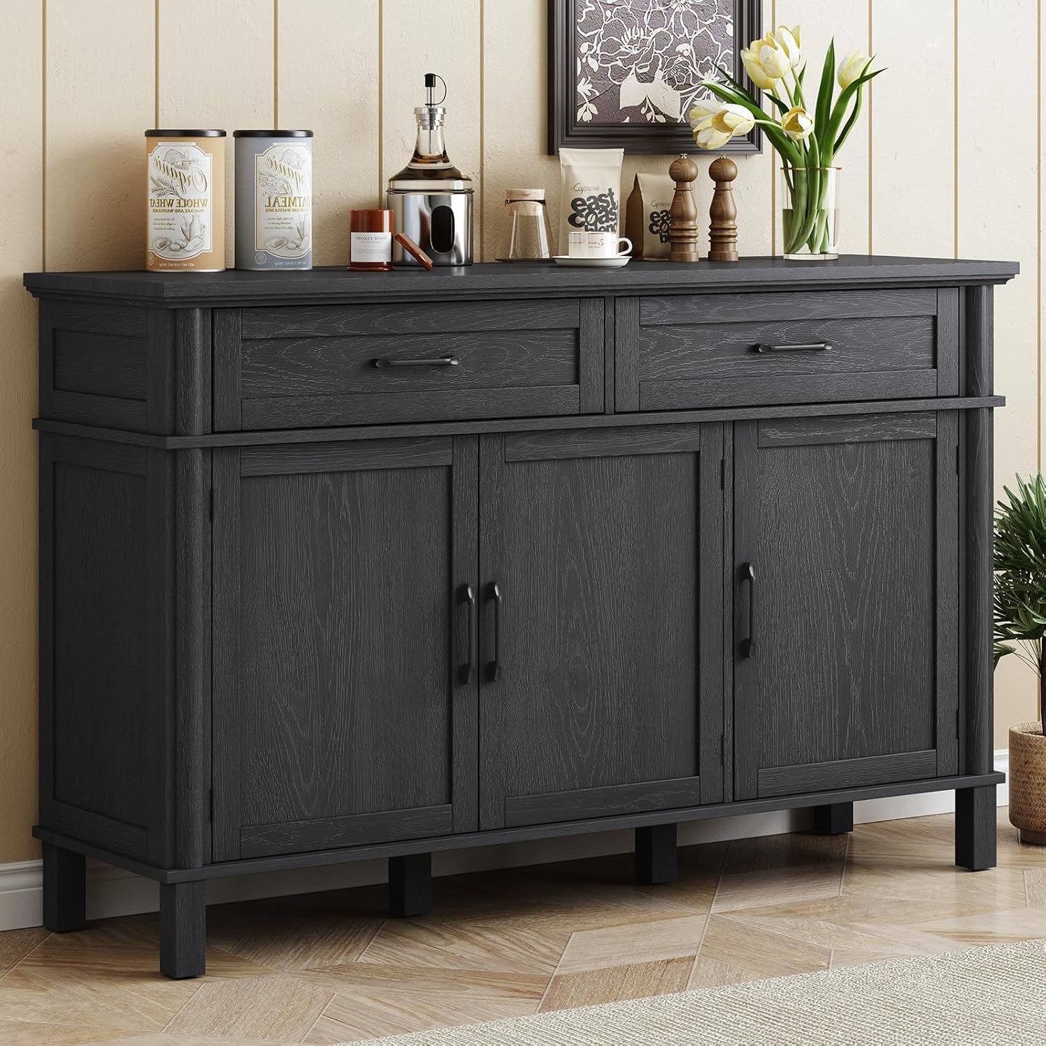 55 Inch Buffet Cabinet with Storage, Farmhouse Sideboard Buffet w/2 Drawers and 3 Doors, Wood Coffee Bar Cabinet with Adjustable Shelves, Sideboard Storage for Kitchen |-image-14