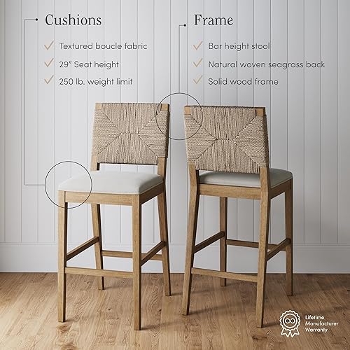 Miniatura 4 de Nathan James Beacon Taburete de bar bohemio Boucle con respaldo, silla de isla de cocina altura de barra, taburete de bar Seagrass, color crema