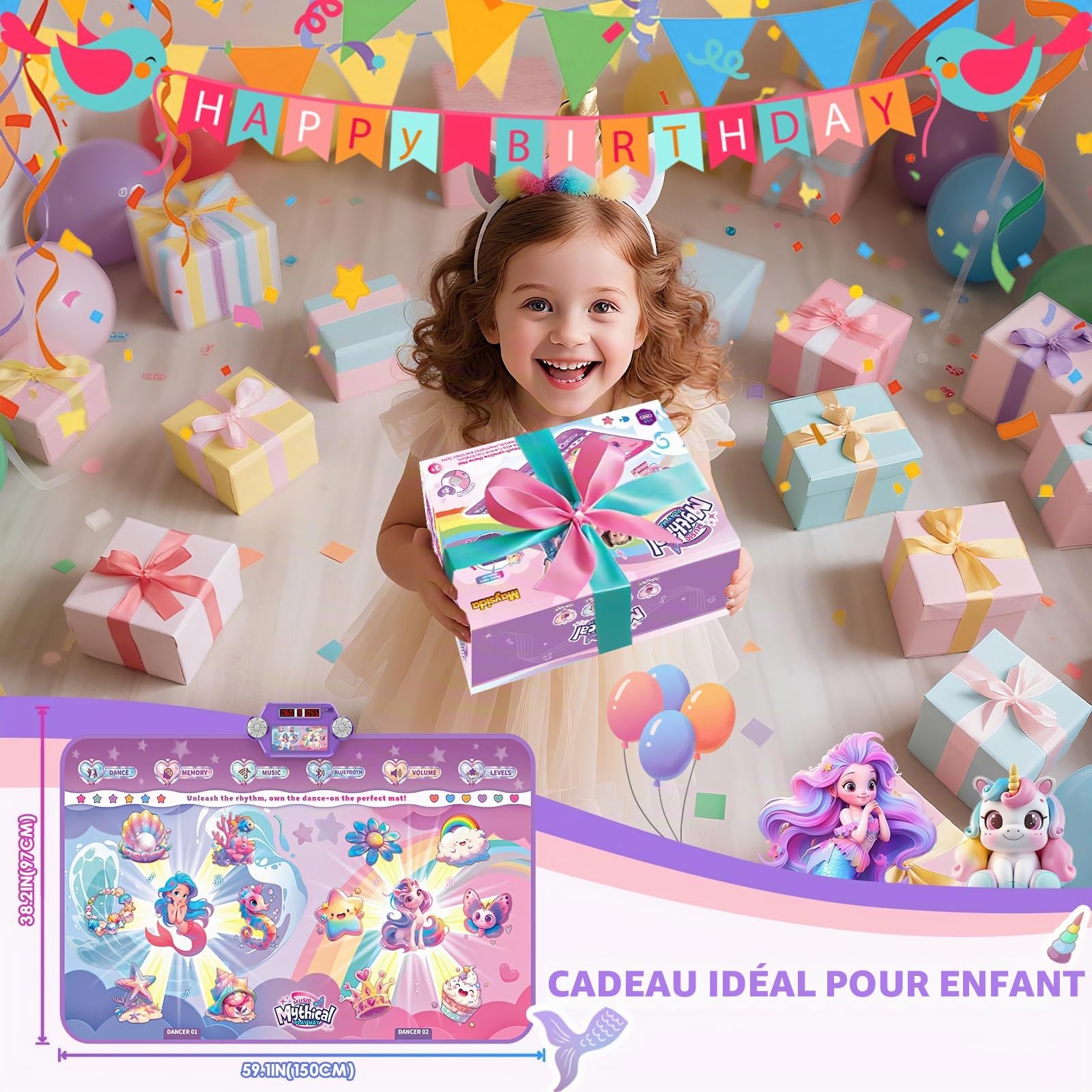 Tapis de danse Bluetooth amélioré 2025 pour 2 enfants, tapis interactif à 2 joueurs (4 modes améliorés), Merman & Unicorn avec boîte à piles LED, cadeau d'anniversaire