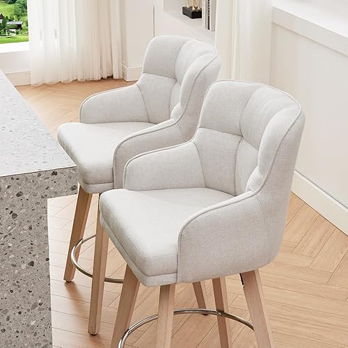 Miniatura 8 de Taburetes de bar giratorios de 360 con respaldo, patas de madera maciza de 26 pulgadas, taburete de bar, sillas modernas de isla de cocina, tela